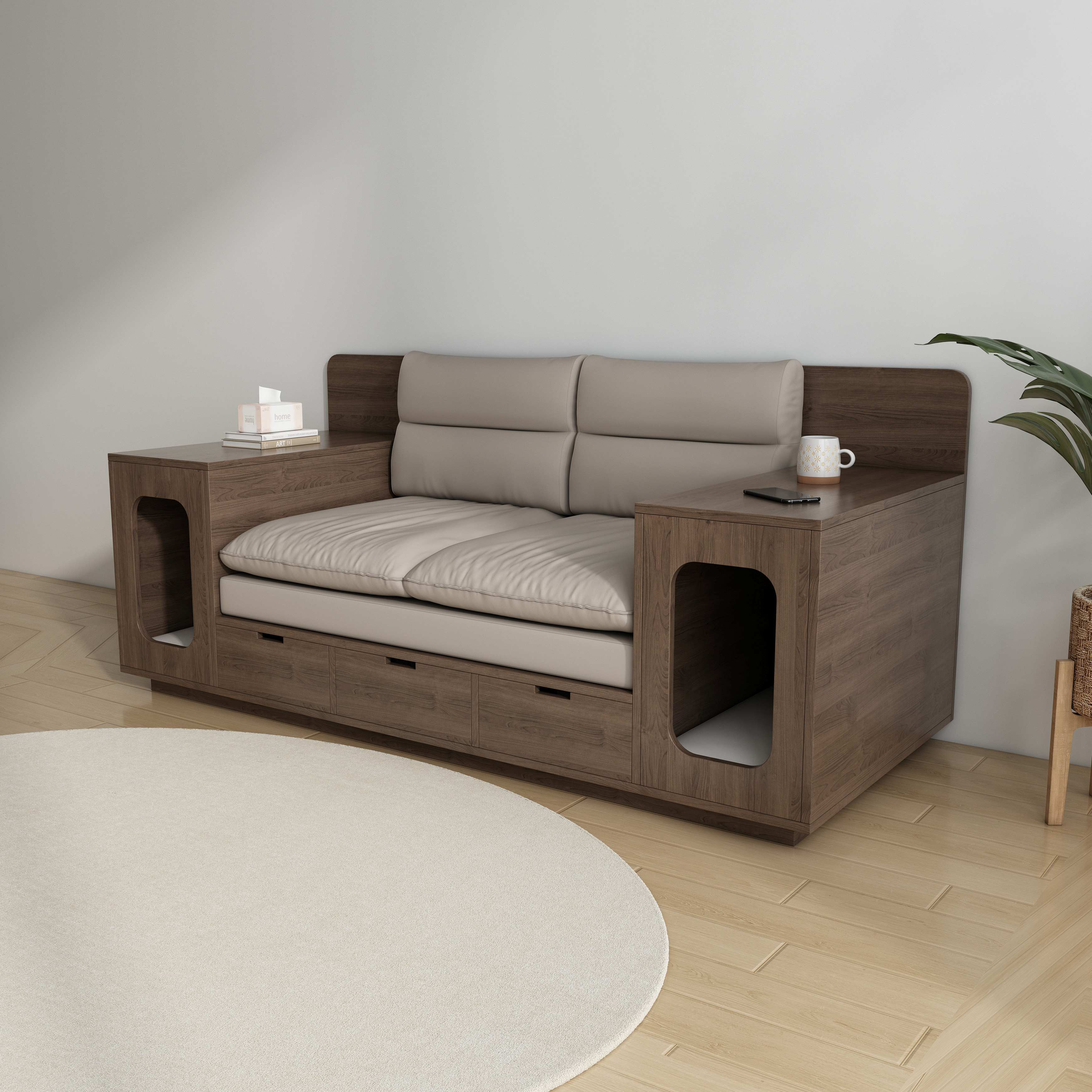 Wooden Cat Sofa with Storage | 2-Seater Cat Couch with Dual Cat Nooks & Drawers
