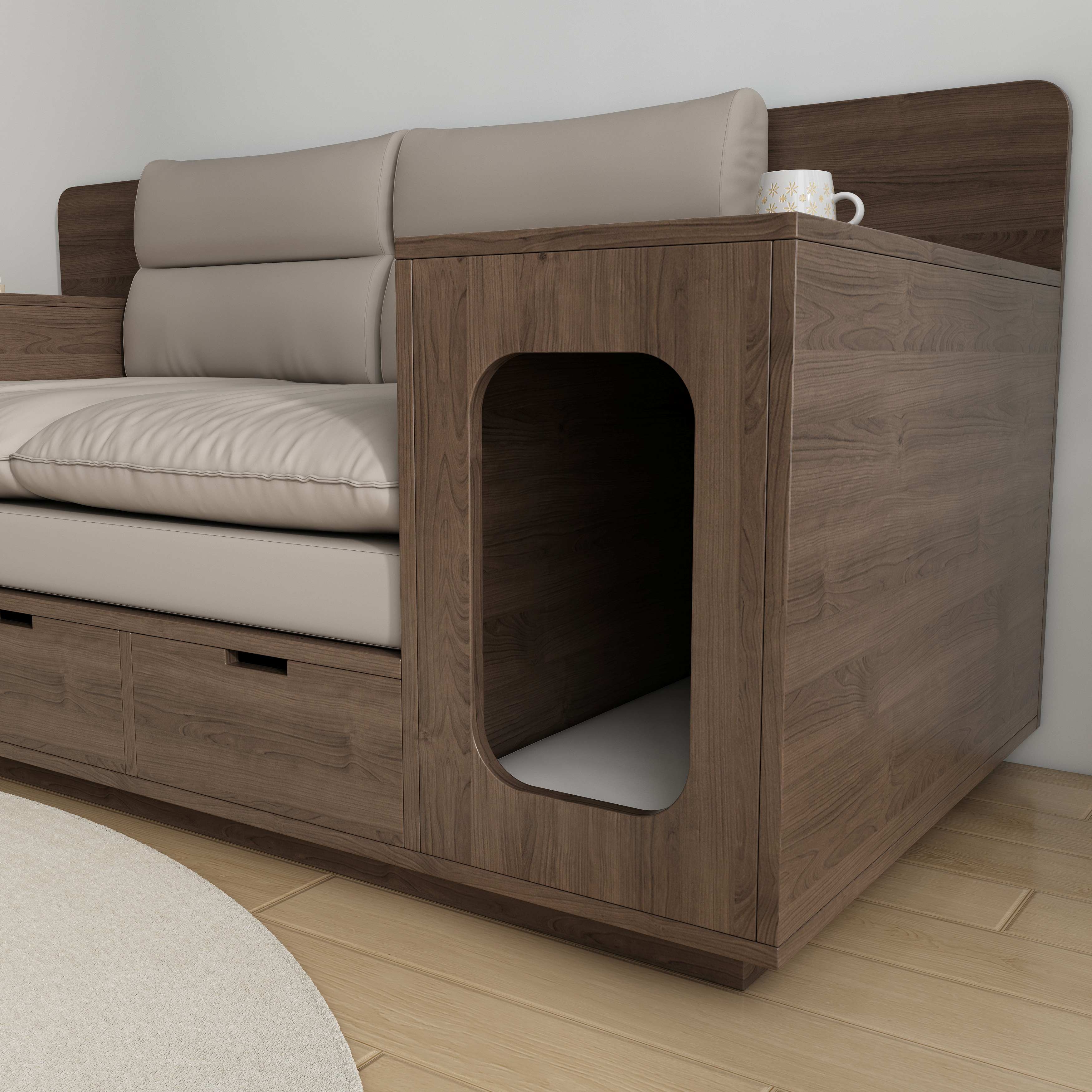 Wooden Cat Sofa with Storage | 2-Seater Cat Couch with Dual Cat Nooks & Drawers