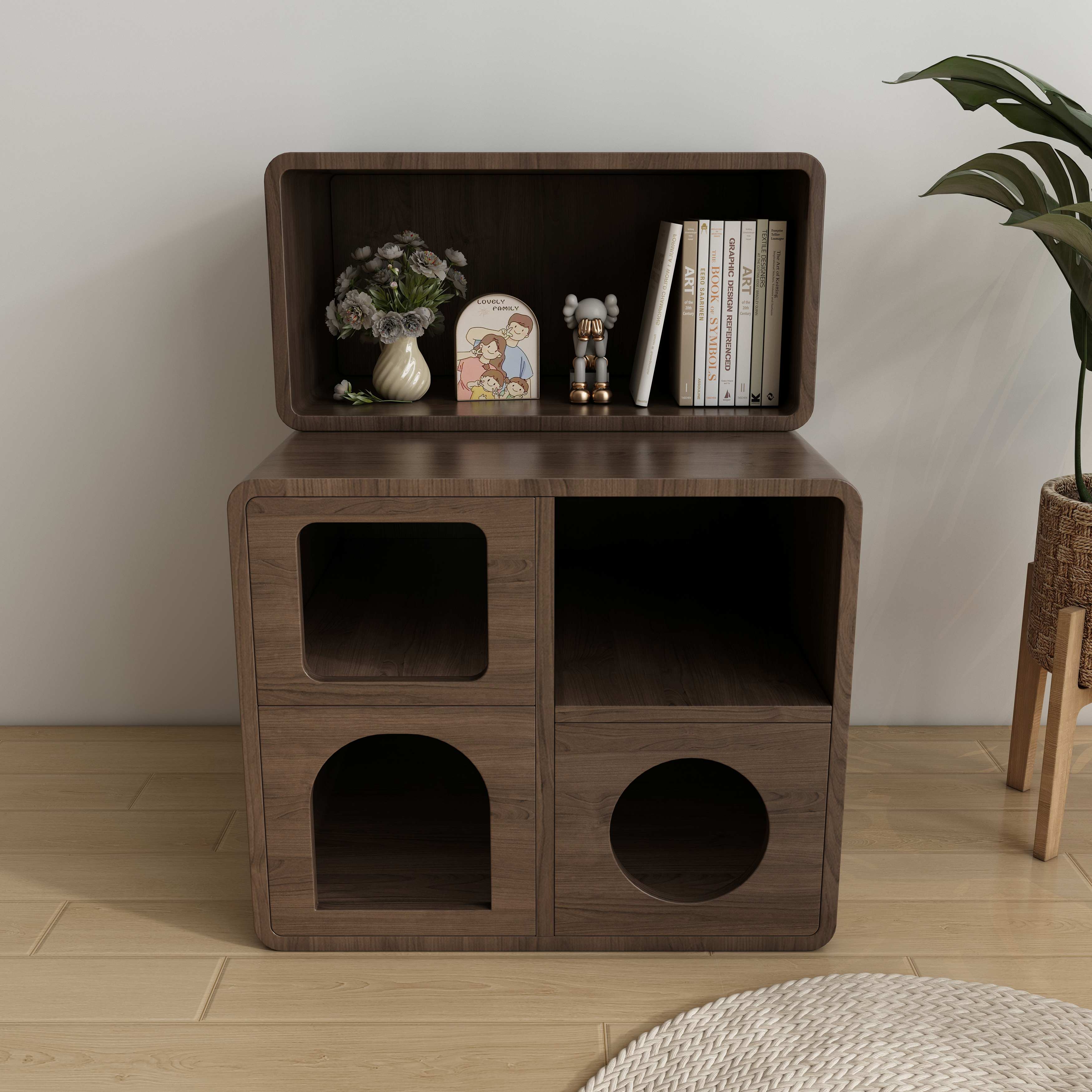 Wooden Cat House Cabinet | Multi-Compartment Cat Furniture with Open Shelf