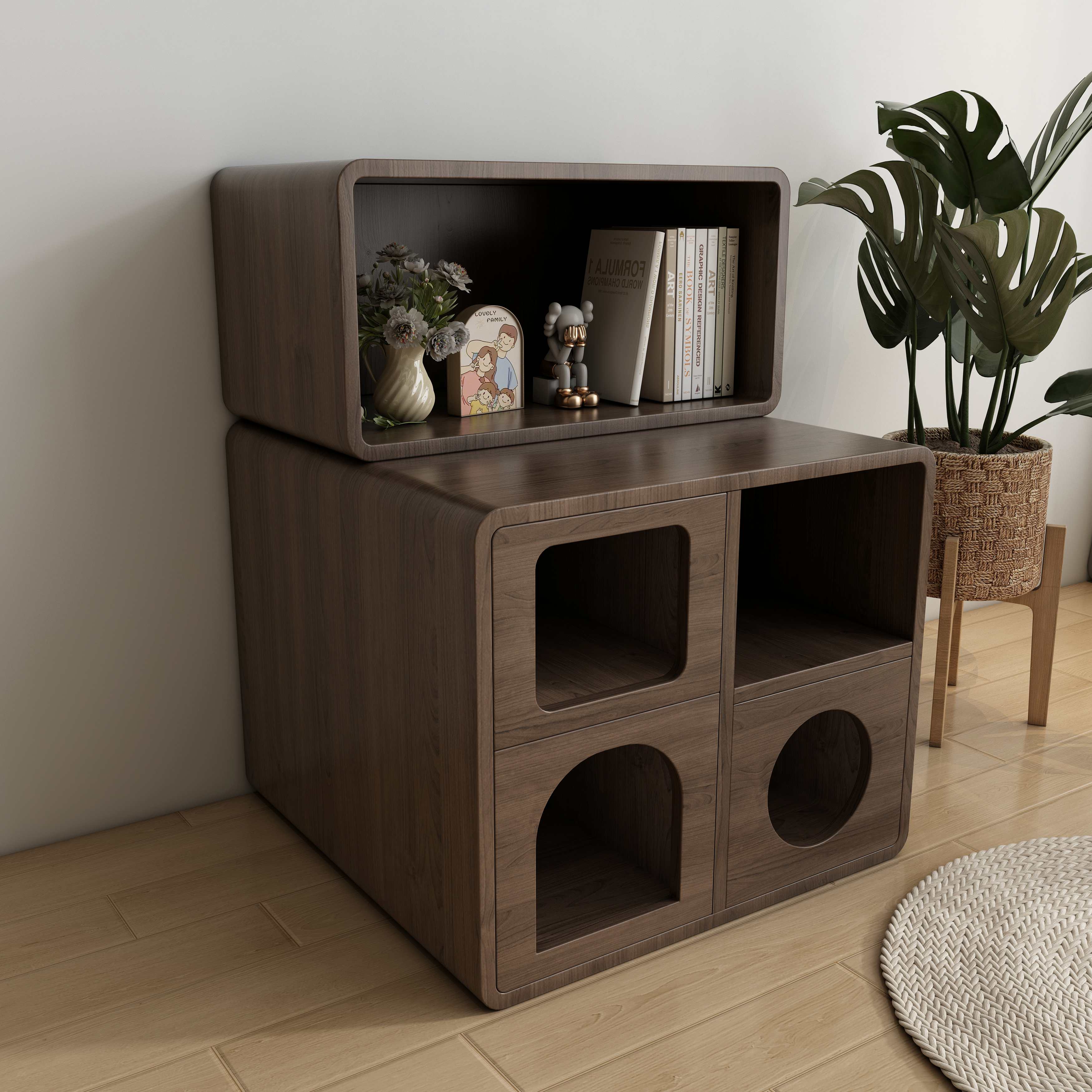 Wooden Cat House Cabinet | Multi-Compartment Cat Furniture with Open Shelf