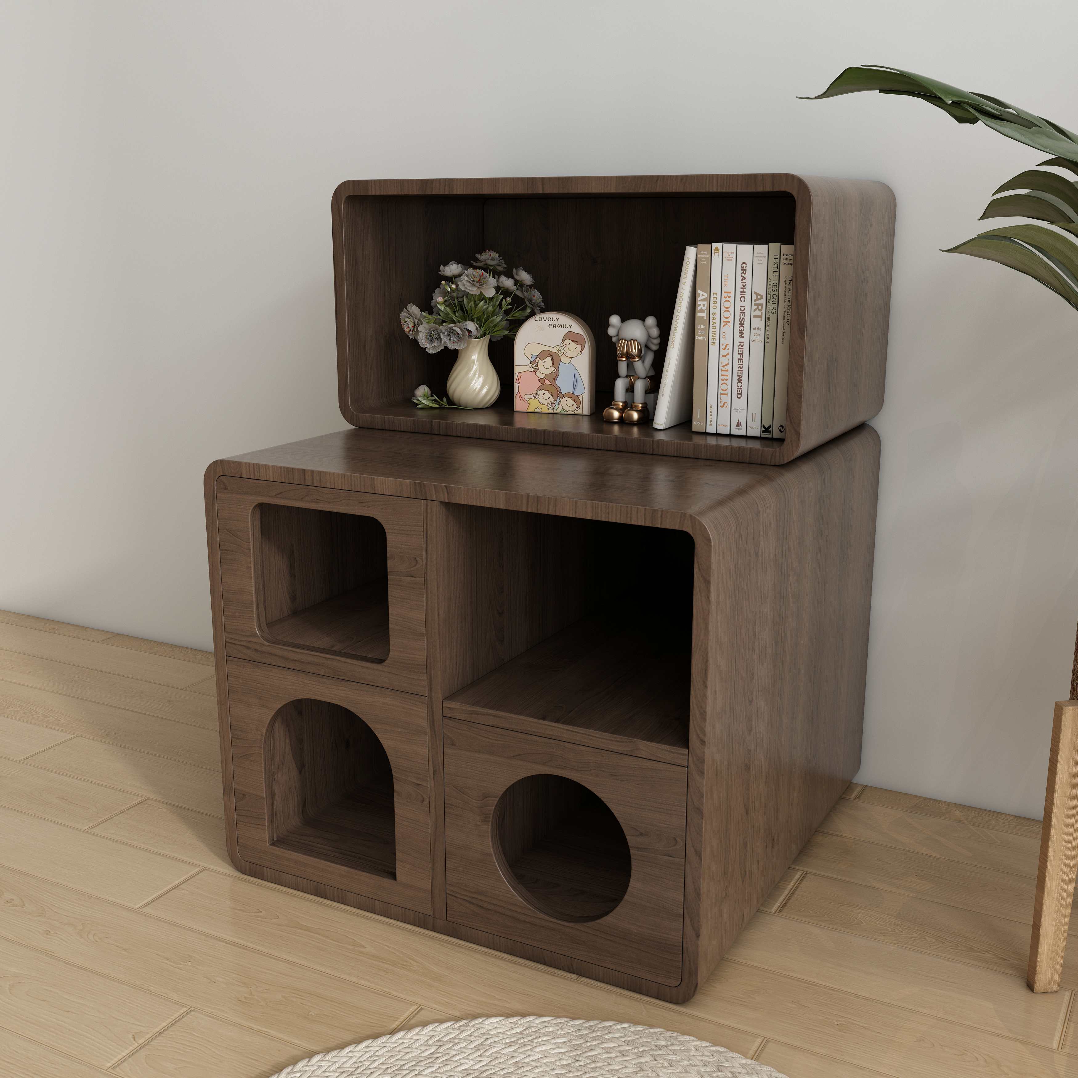 Wooden Cat House Cabinet | Multi-Compartment Cat Furniture with Open Shelf