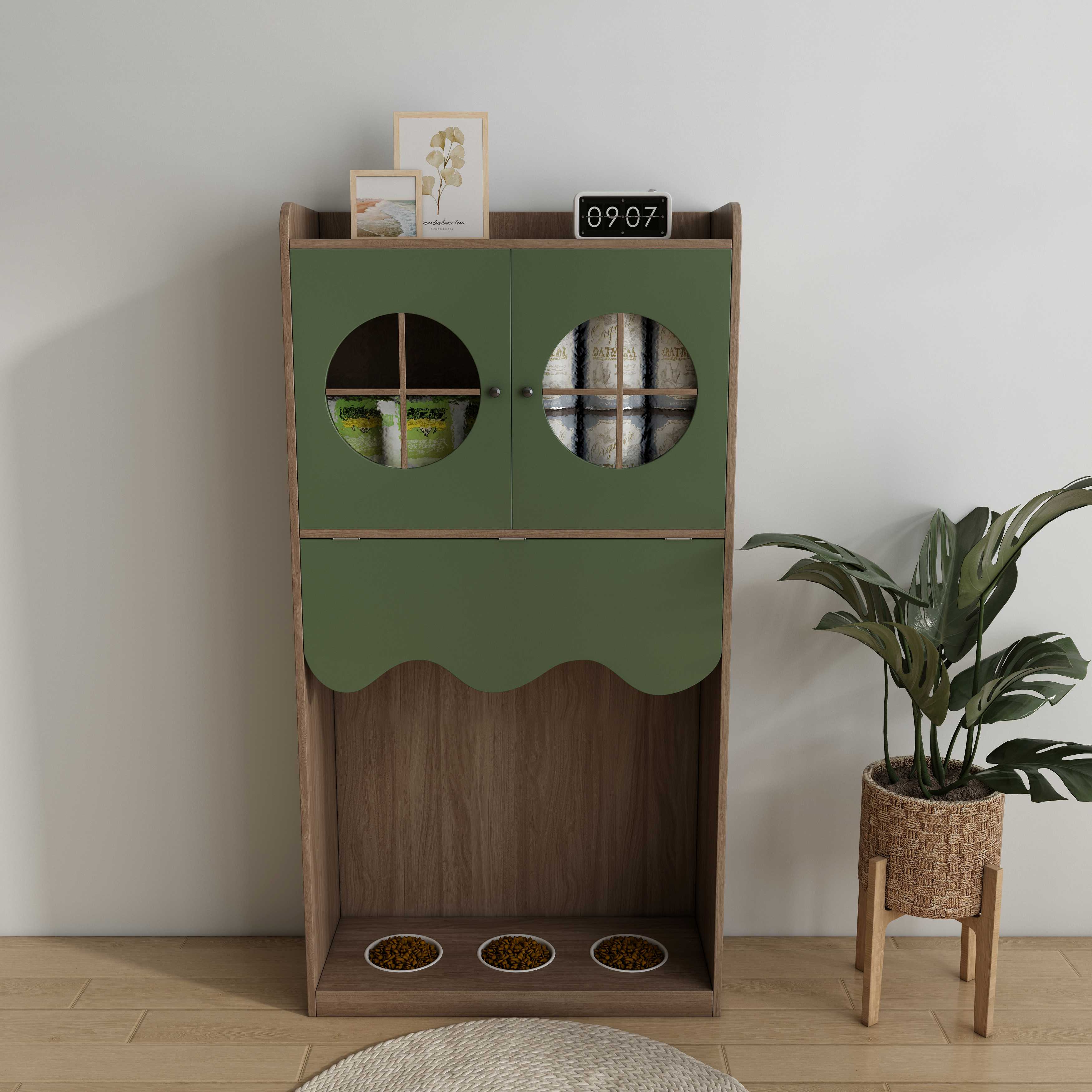 All-in-One Cat Feeding Station | Wooden Cat Food Cabinet with Storage & Viewable Windows