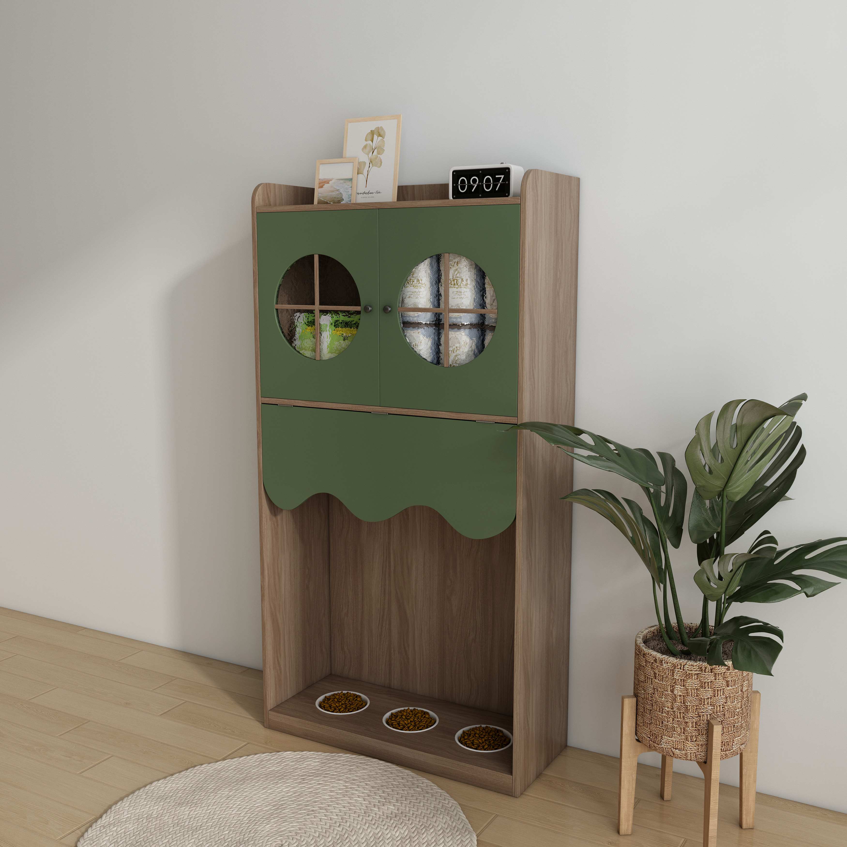 All-in-One Cat Feeding Station | Wooden Cat Food Cabinet with Storage & Viewable Windows