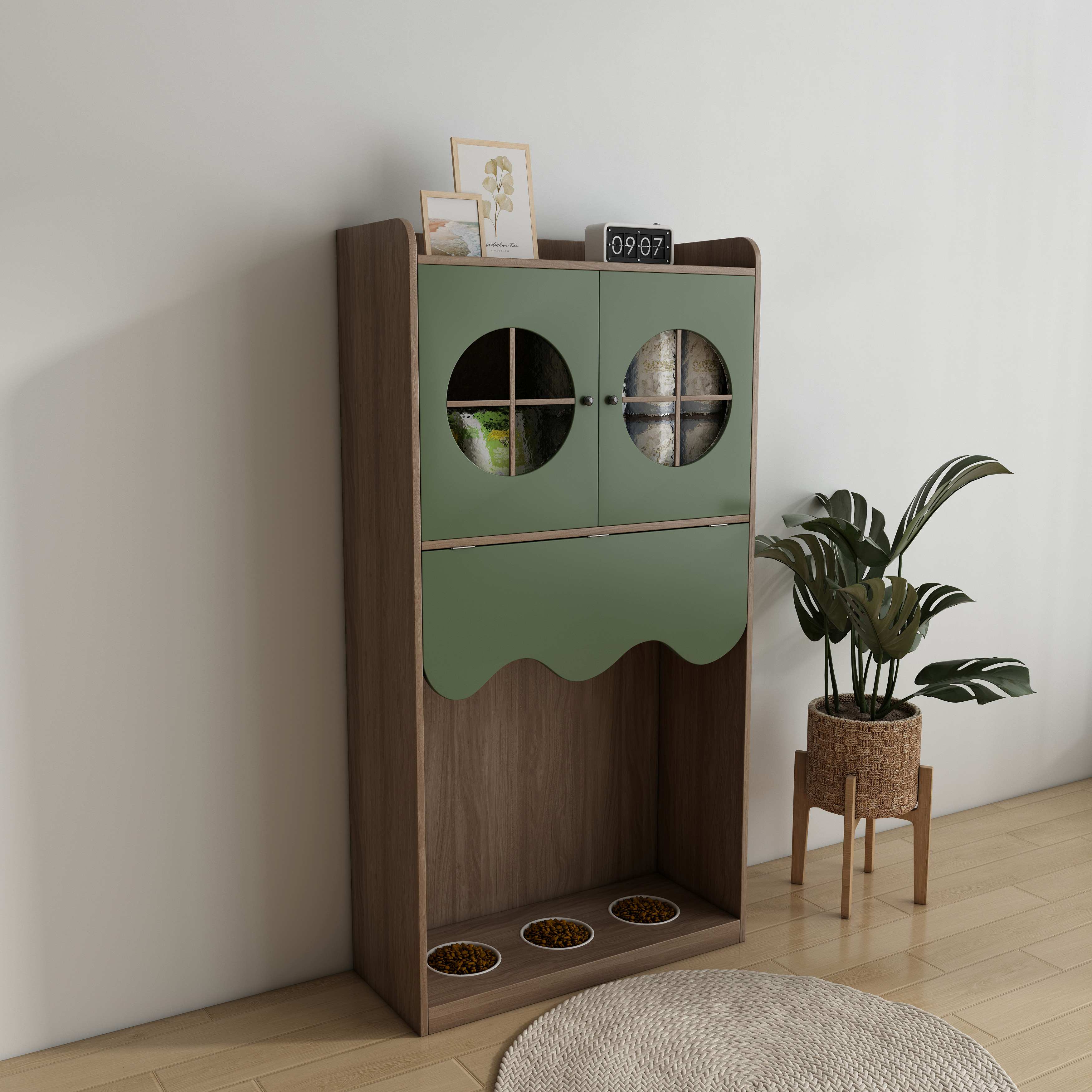 All-in-One Cat Feeding Station | Wooden Cat Food Cabinet with Storage & Viewable Windows