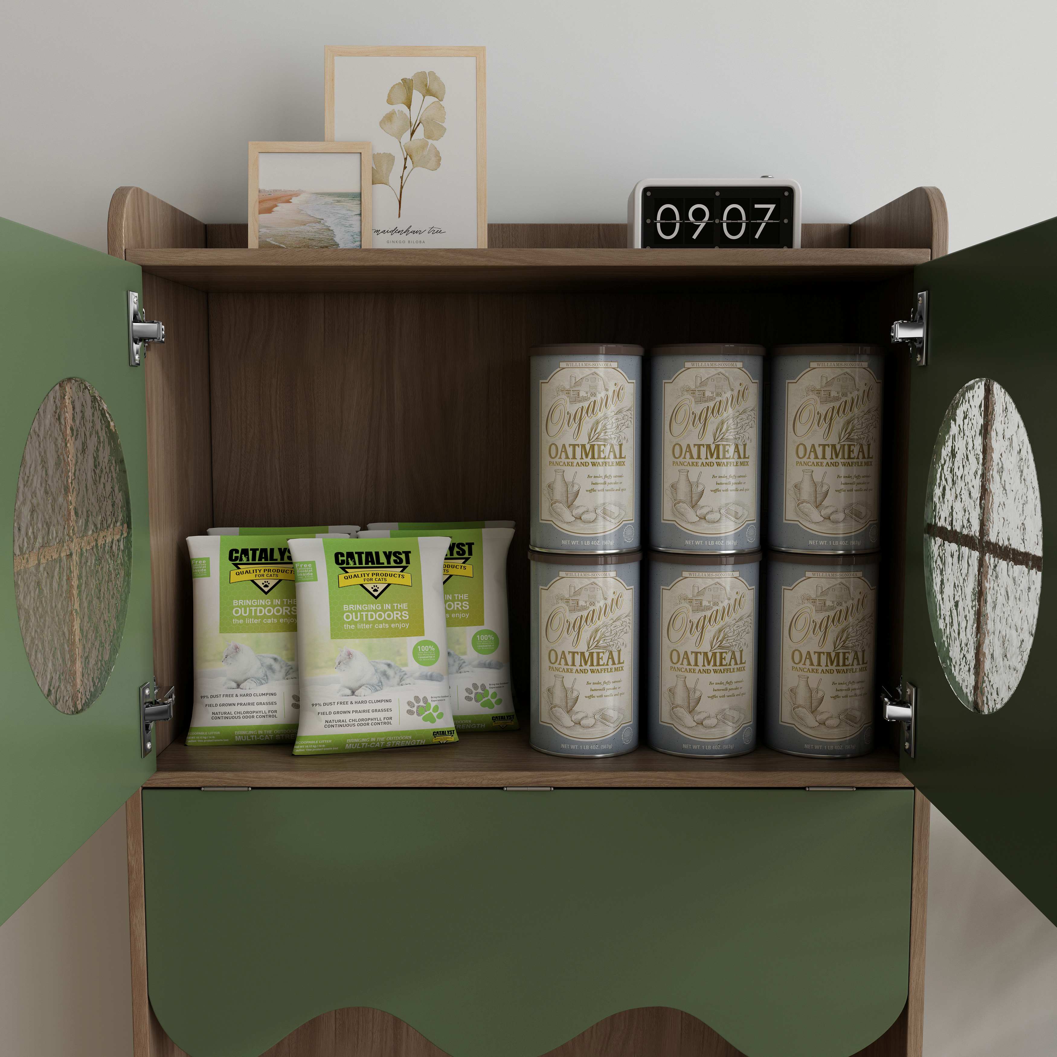 All-in-One Cat Feeding Station | Wooden Cat Food Cabinet with Storage & Viewable Windows