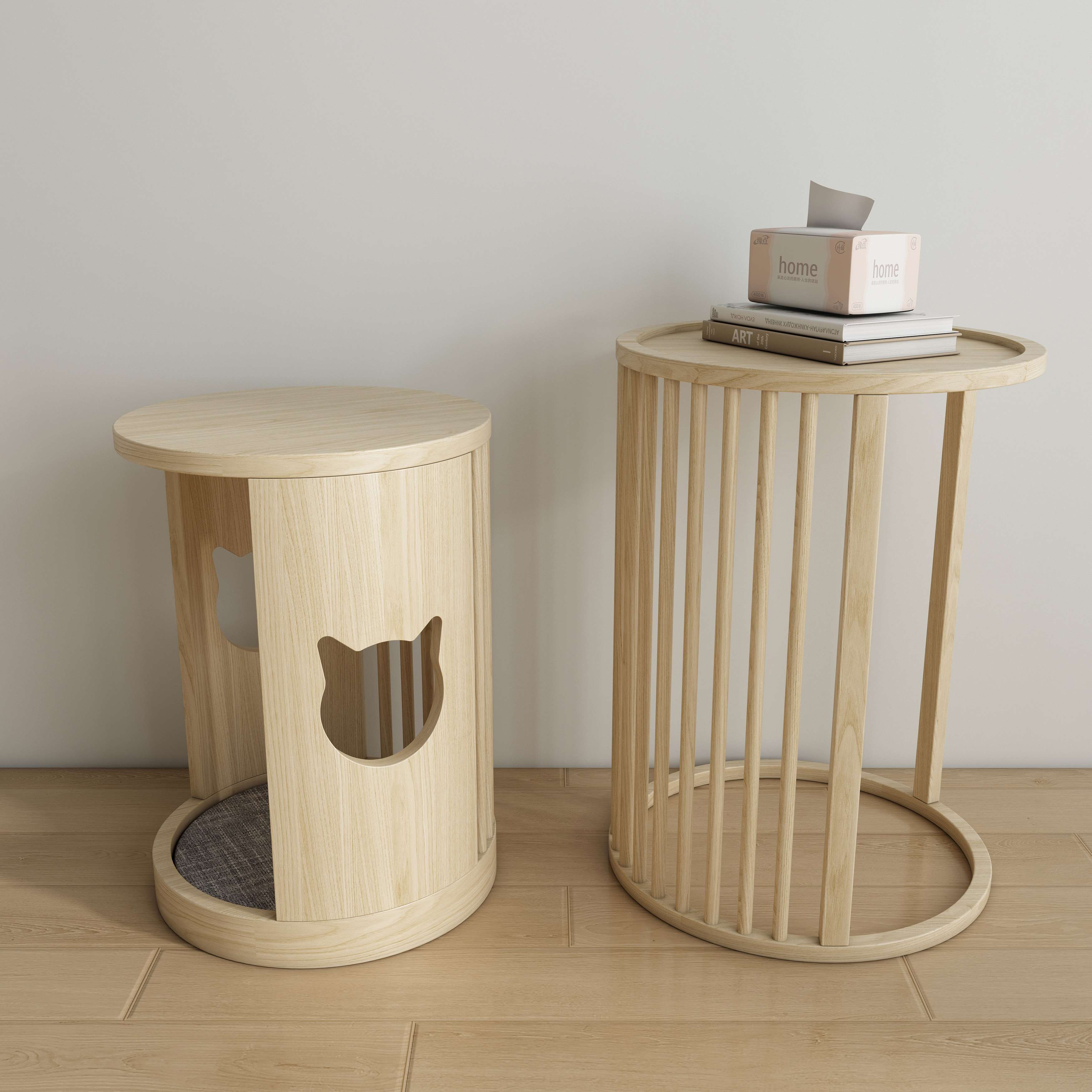 Wooden Cat House Side Table | 2-in-1 Cat Nook End Table with Cat Head Cutouts