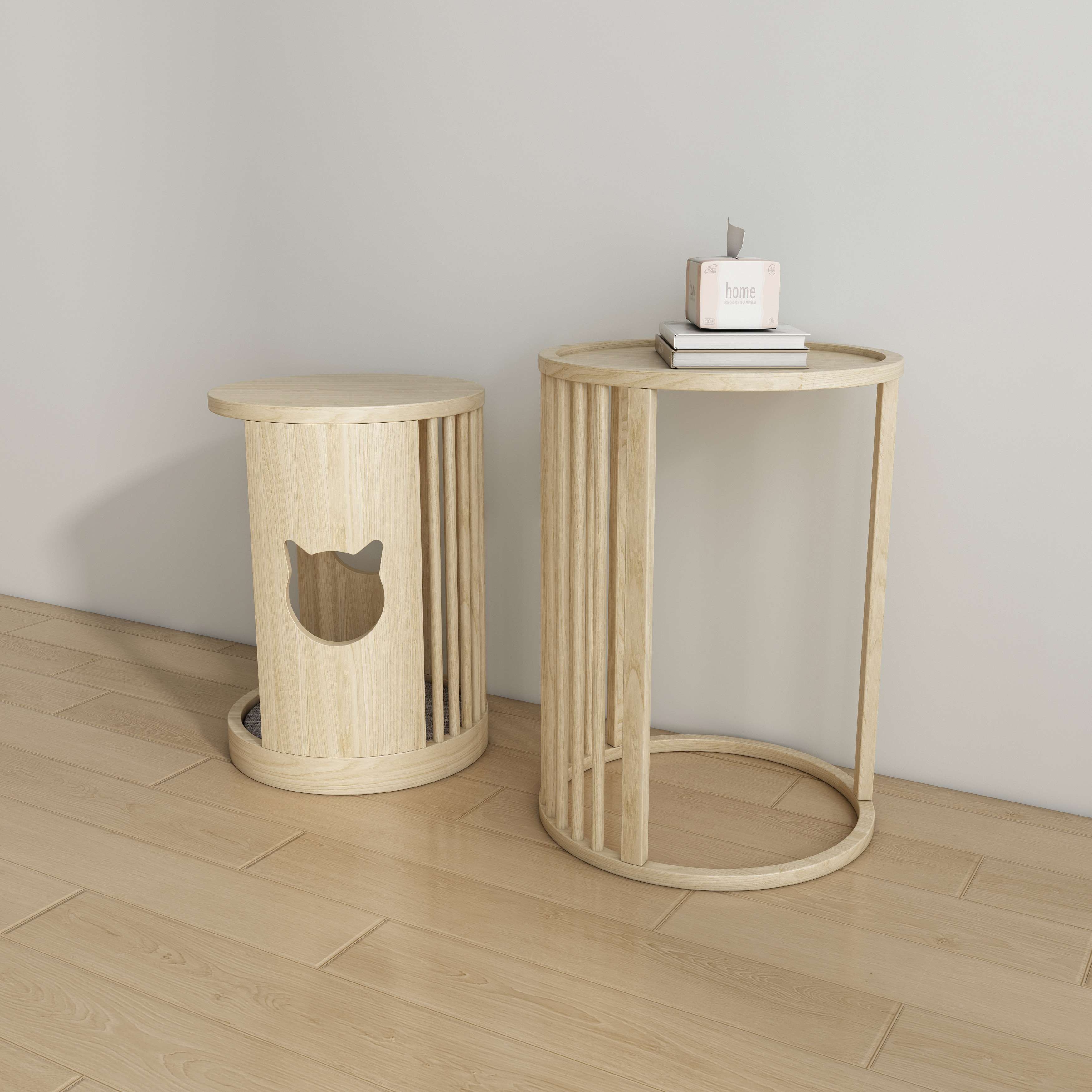 Wooden Cat House Side Table | 2-in-1 Cat Nook End Table with Cat Head Cutouts