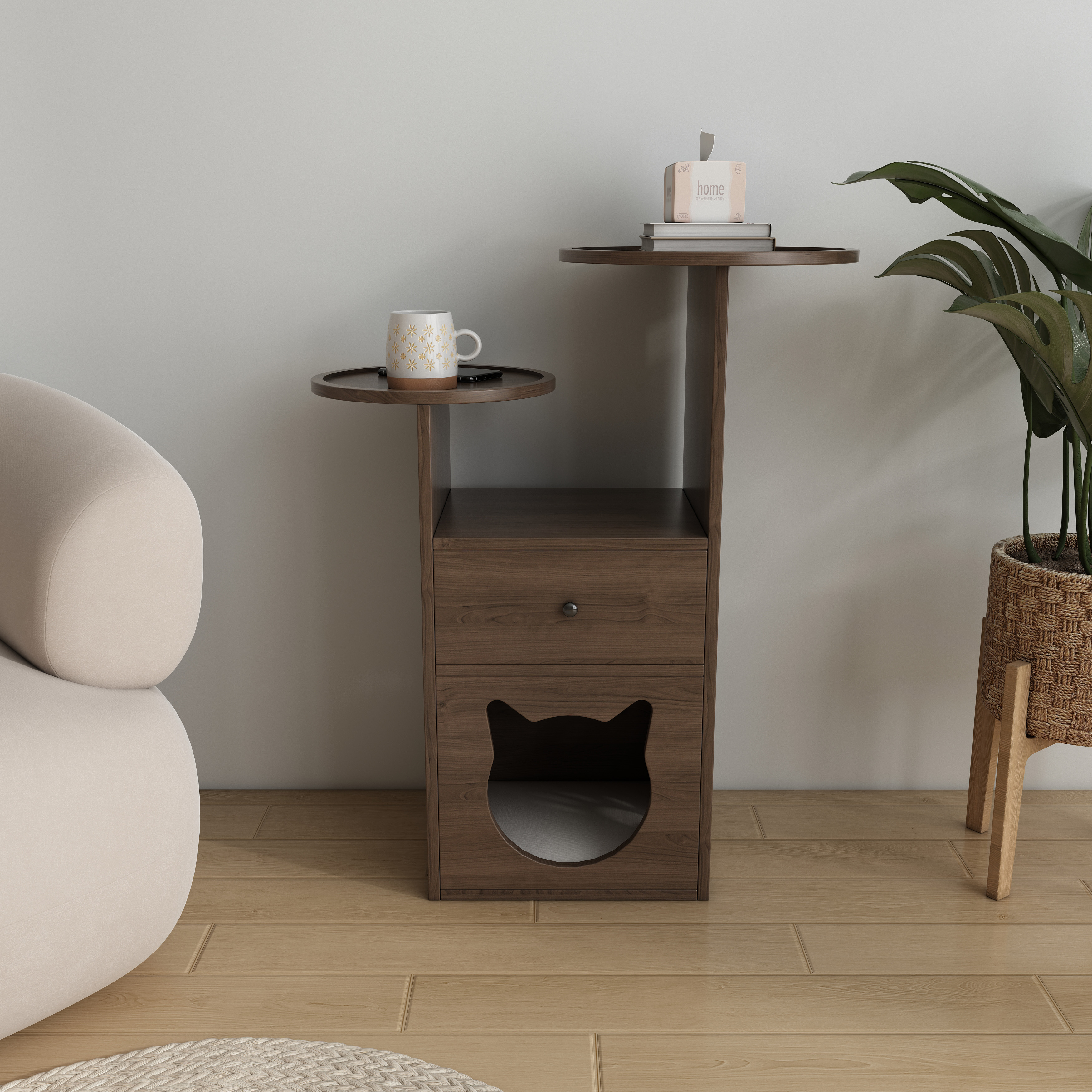 2-Tier Cat Side Table with Drawer | Wooden Cat House End Table with Cat Head Cutout