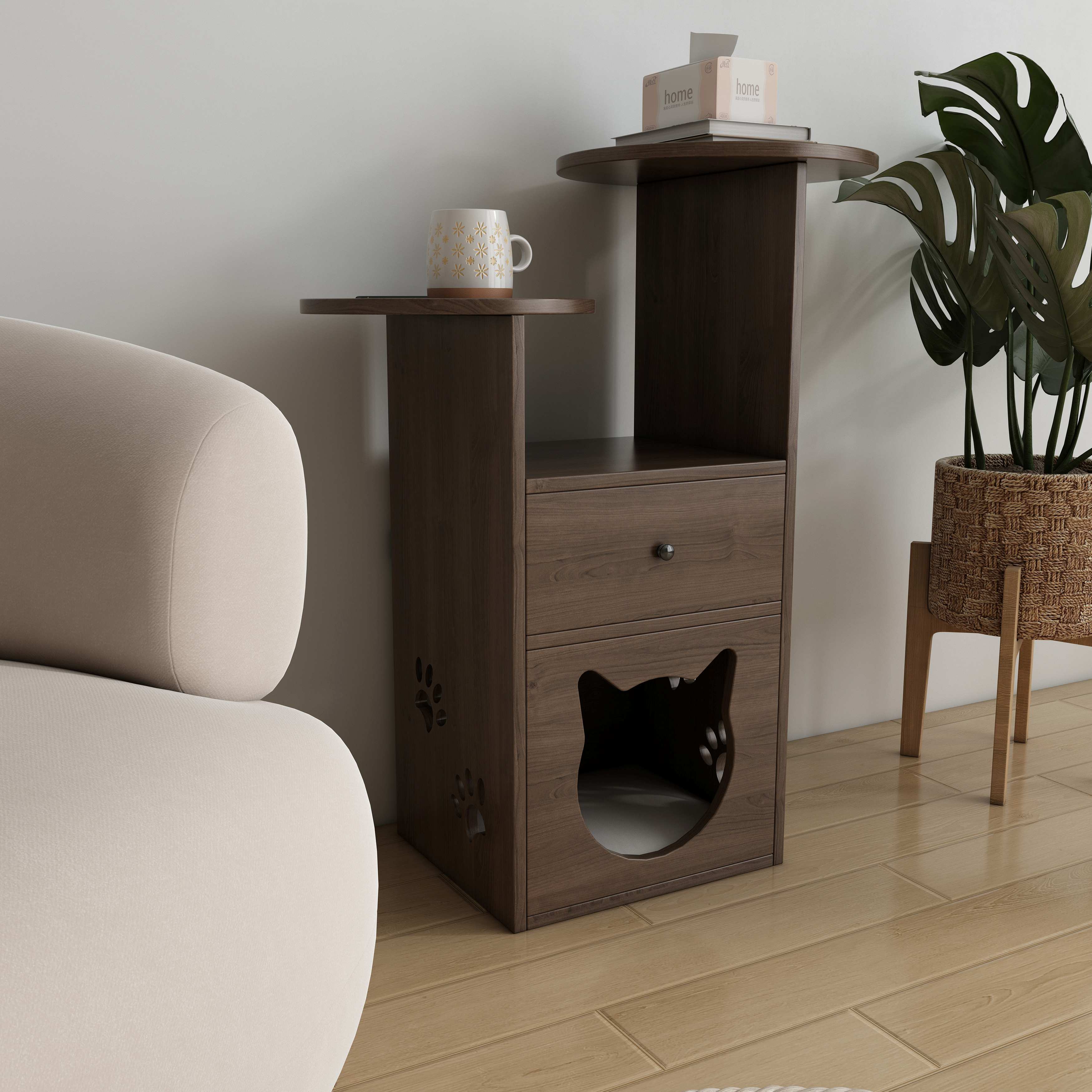2-Tier Cat Side Table with Drawer | Wooden Cat House End Table with Cat Head Cutout