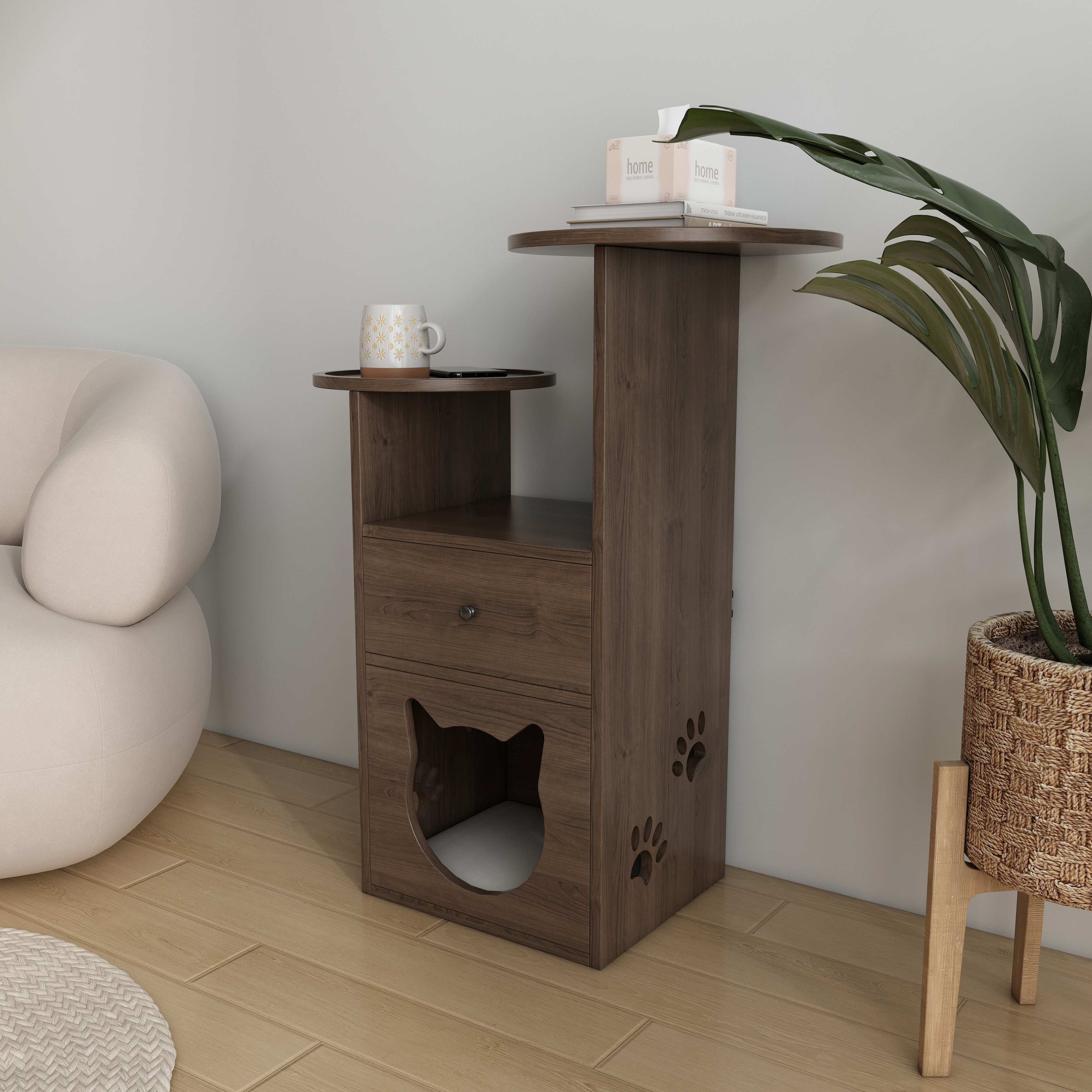2-Tier Cat Side Table with Drawer | Wooden Cat House End Table with Cat Head Cutout