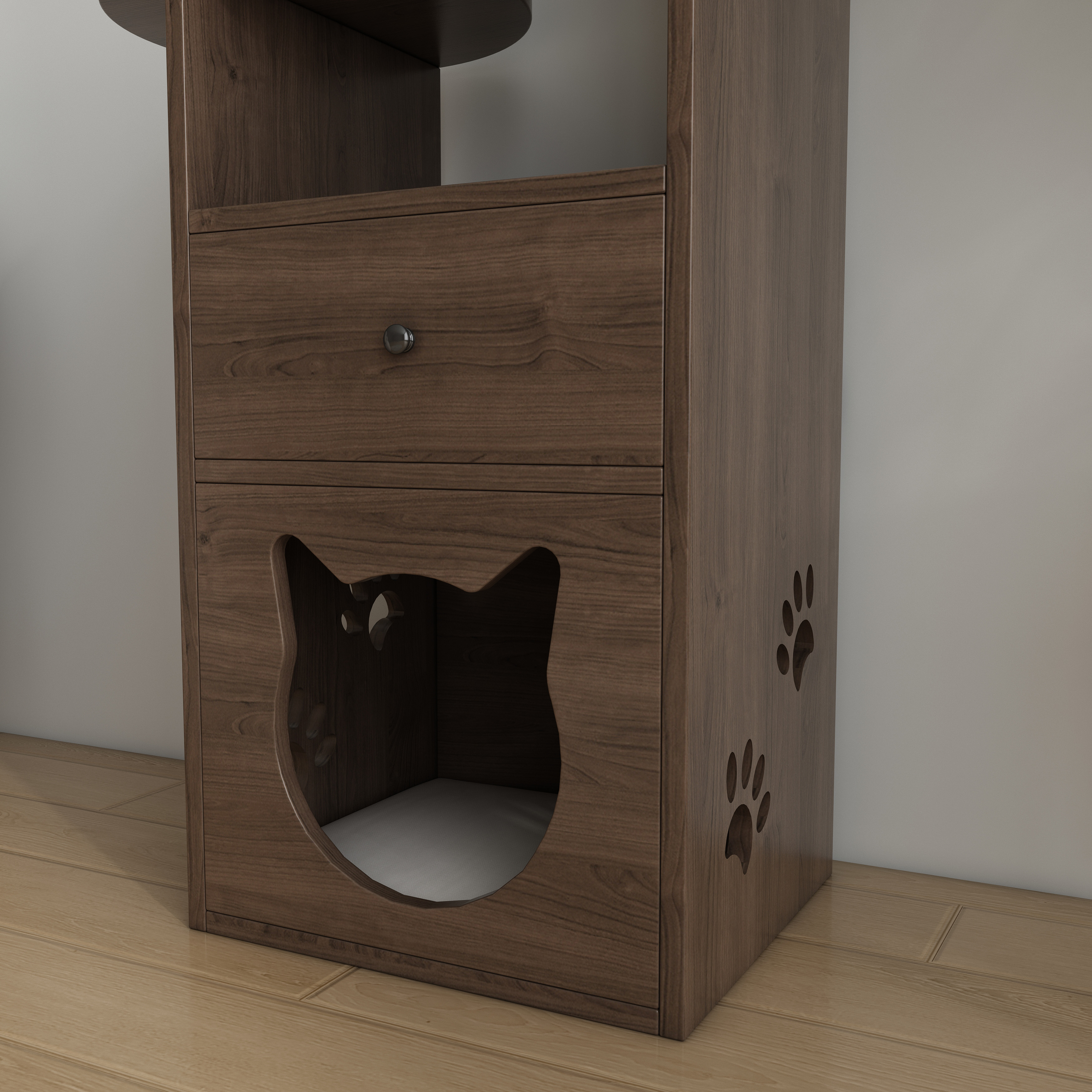 2-Tier Cat Side Table with Drawer | Wooden Cat House End Table with Cat Head Cutout