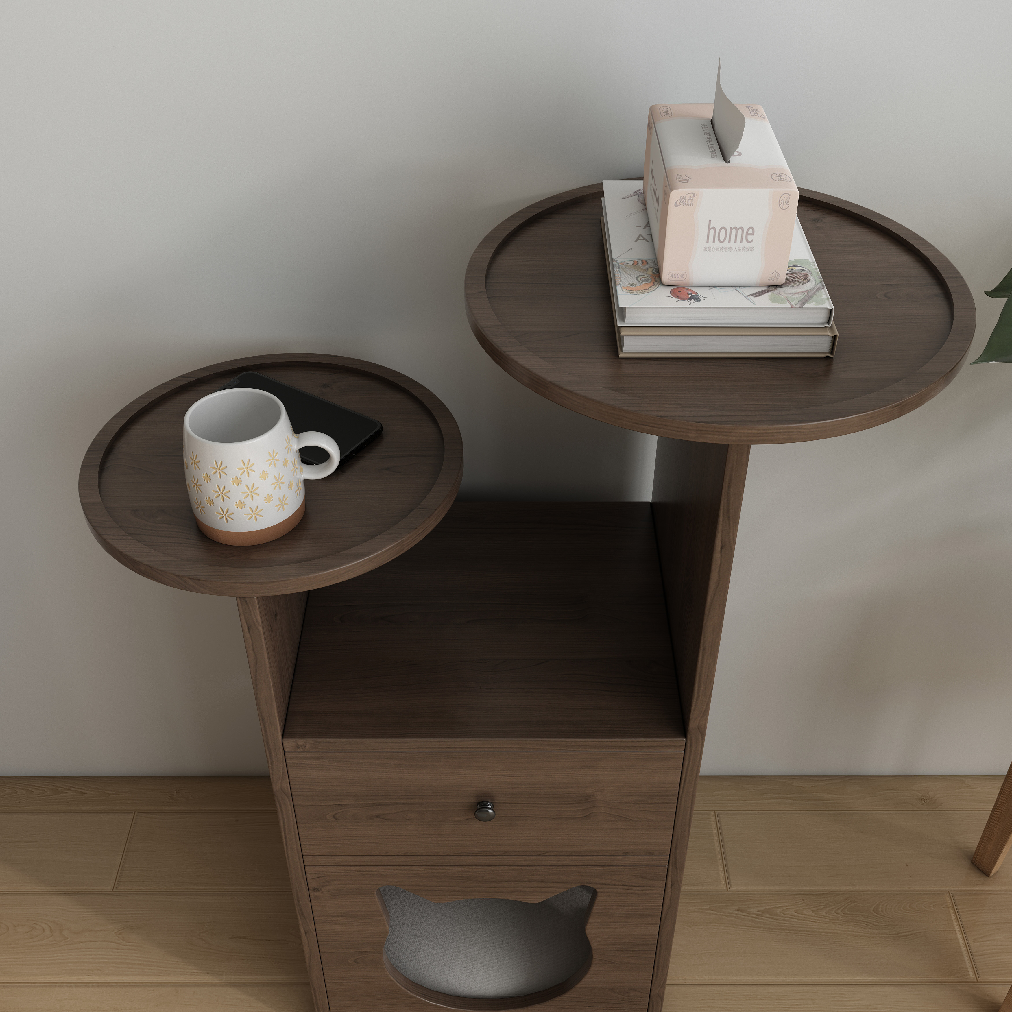 2-Tier Cat Side Table with Drawer | Wooden Cat House End Table with Cat Head Cutout