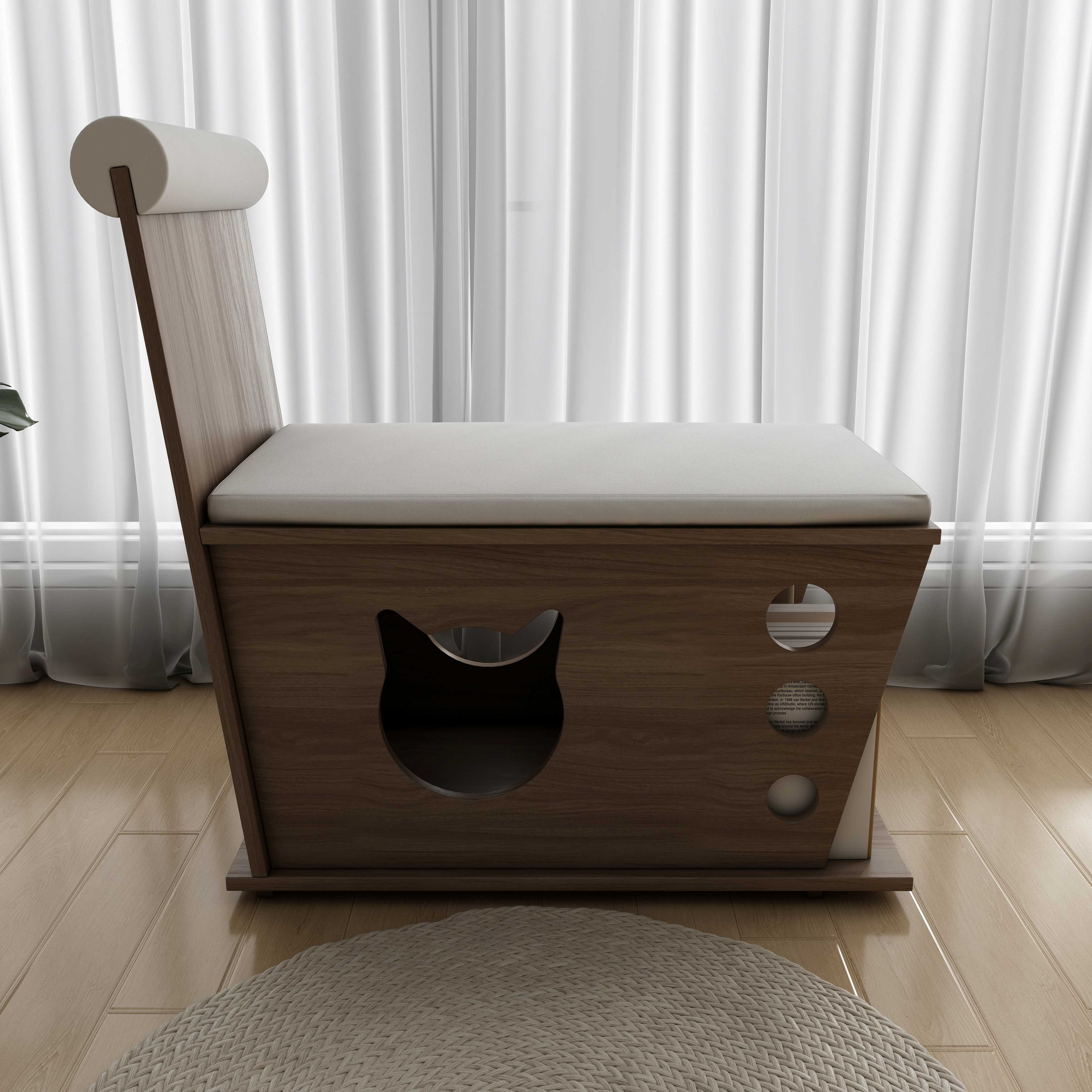 2-in-1 Cat Chair Bench | Wooden Cat House Stool with Book Storage & Cushion