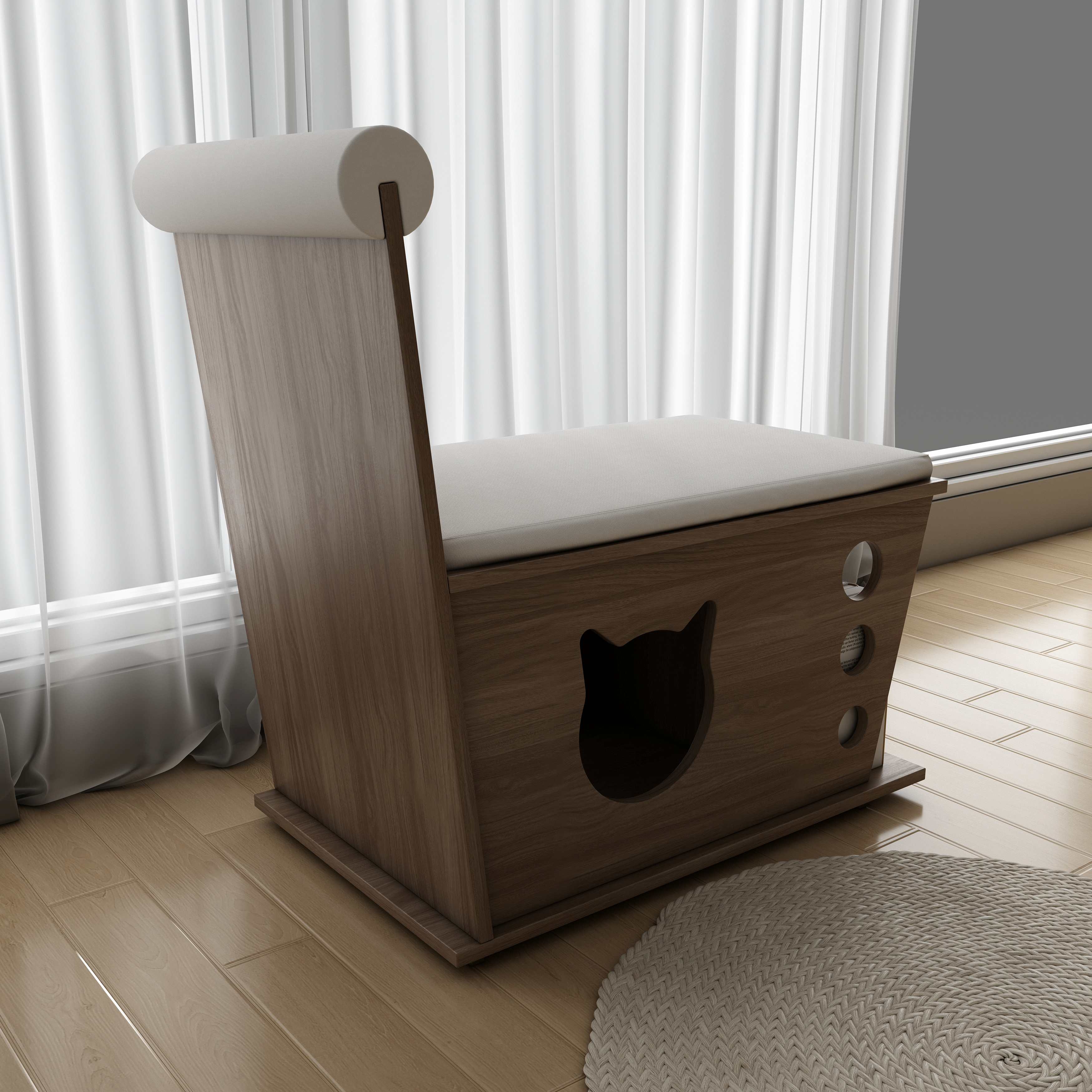 2-in-1 Cat Chair Bench | Wooden Cat House Stool with Book Storage & Cushion