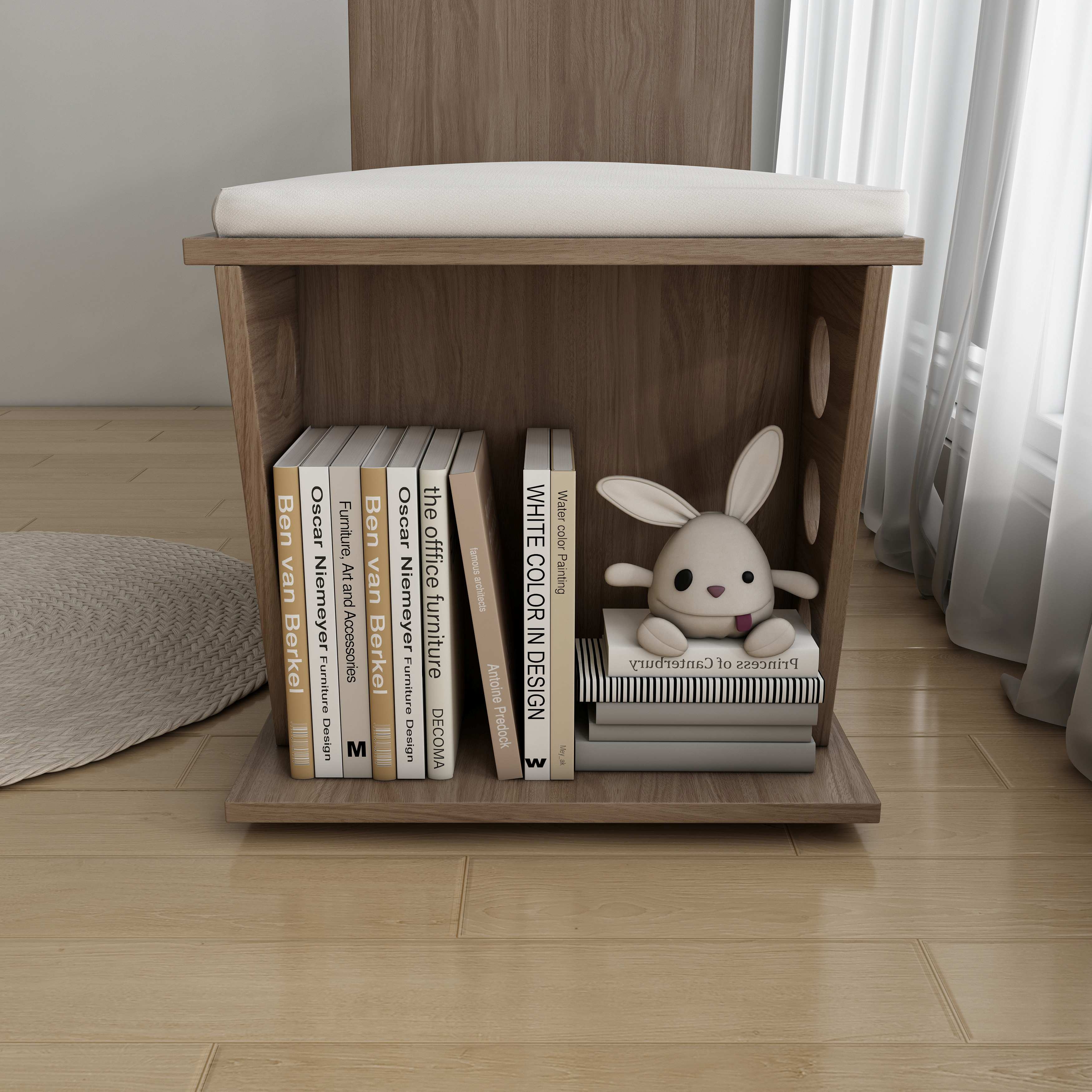 2-in-1 Cat Chair Bench | Wooden Cat House Stool with Book Storage & Cushion