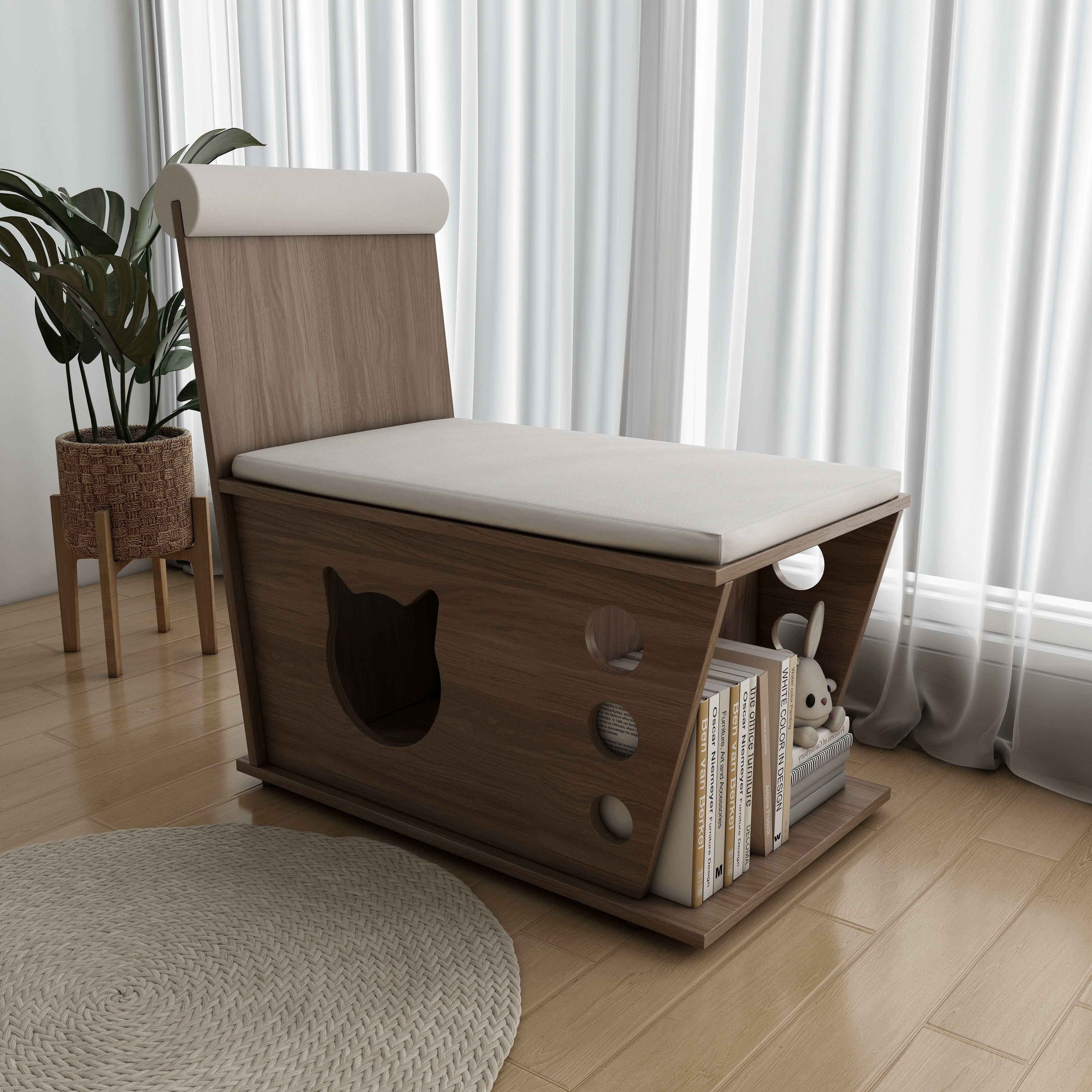 2-in-1 Cat Chair Bench | Wooden Cat House Stool with Book Storage & Cushion