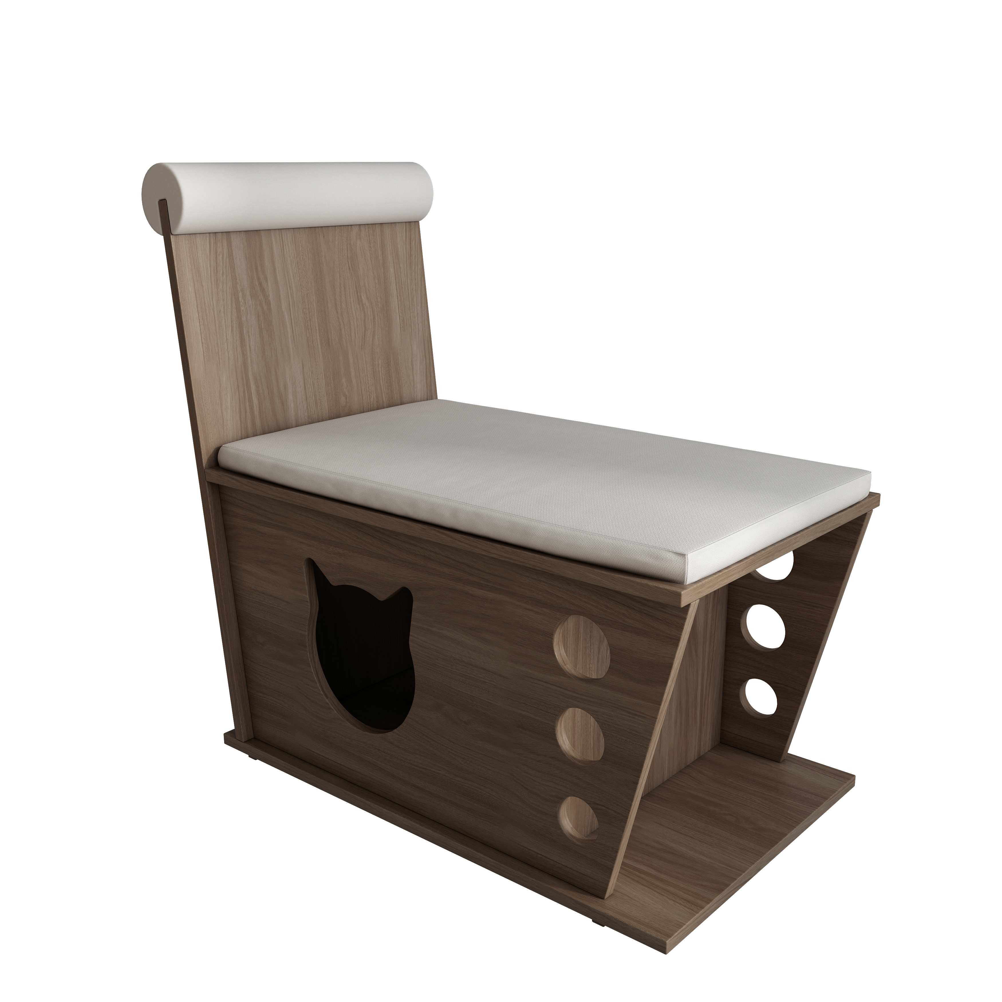 2-in-1 Cat Chair Bench | Wooden Cat House Stool with Book Storage & Cushion