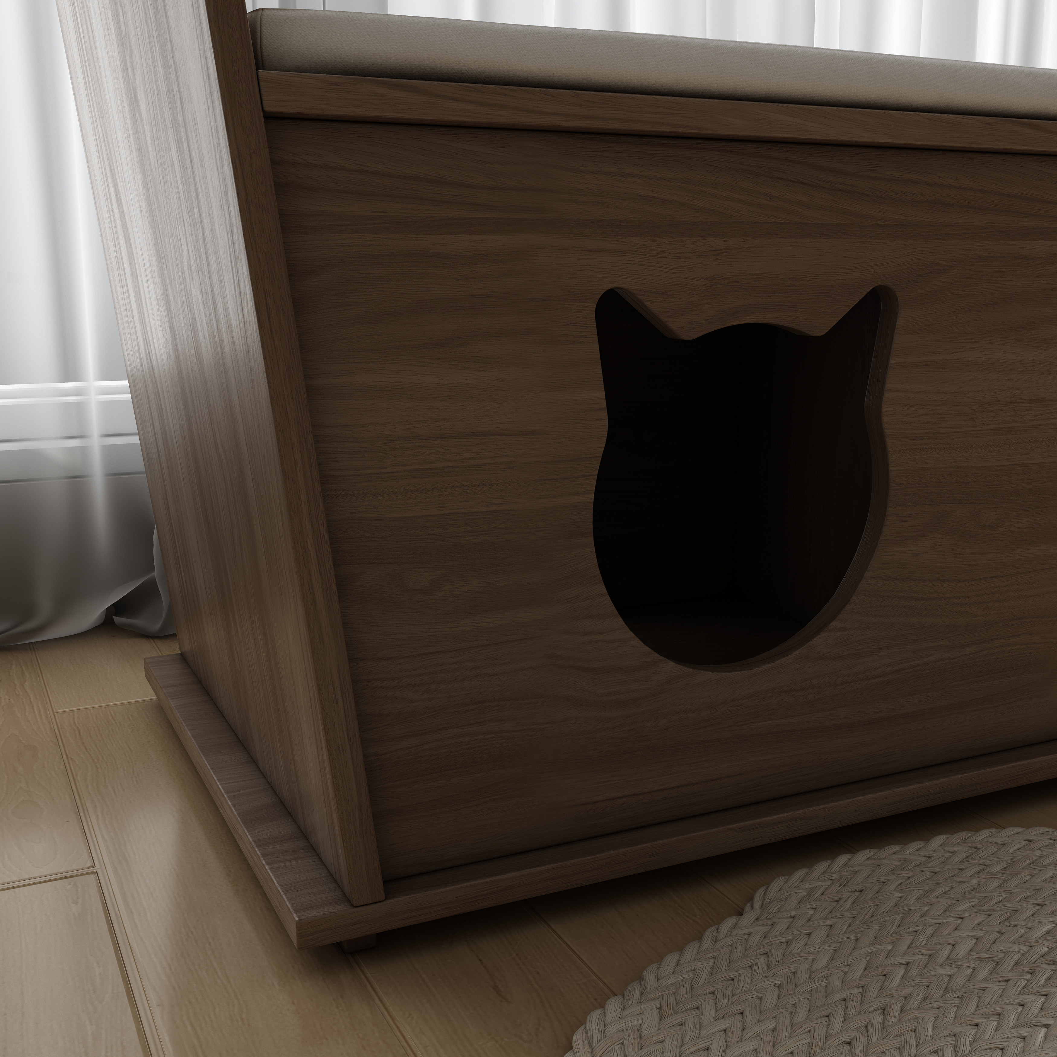 2-in-1 Cat Chair Bench | Wooden Cat House Stool with Book Storage & Cushion