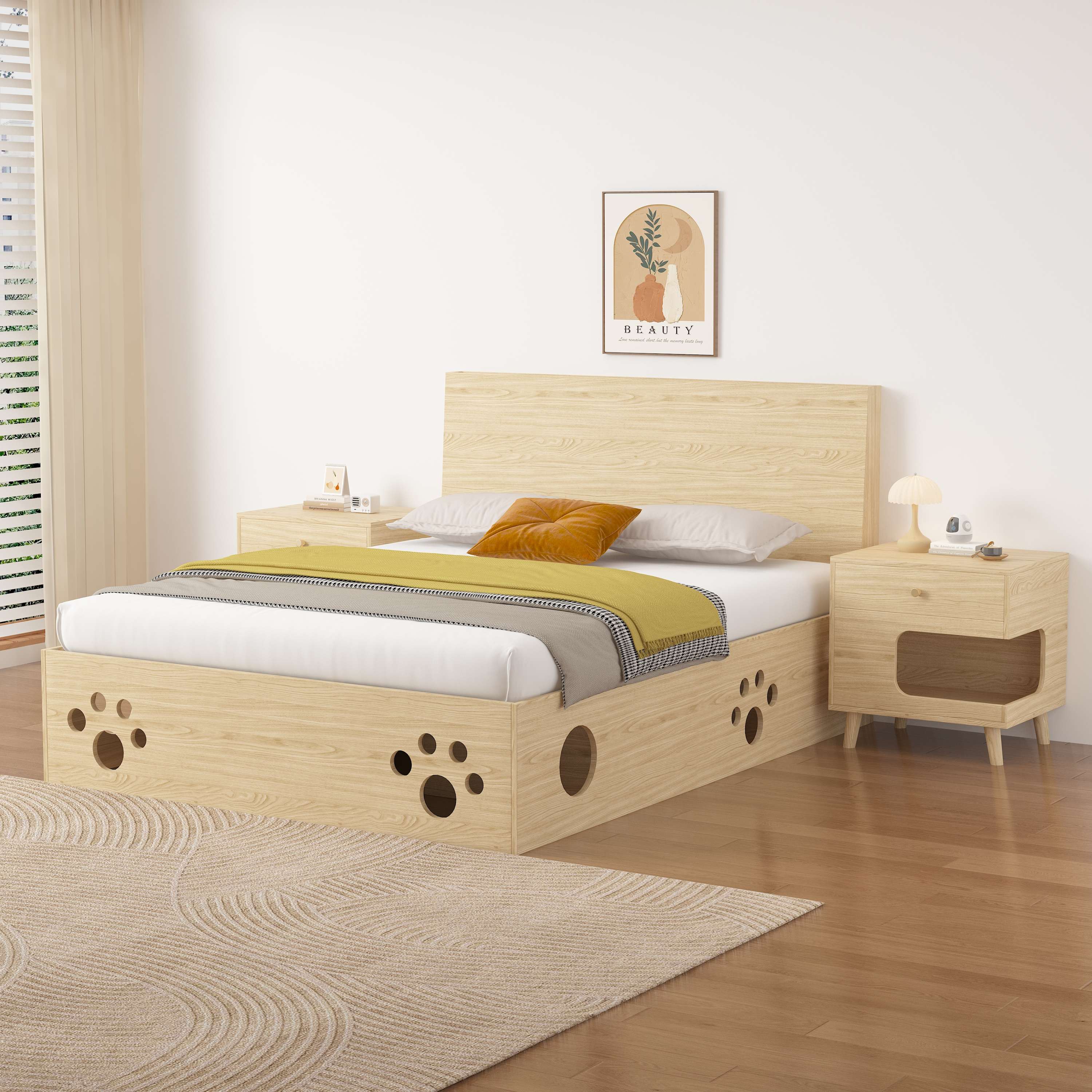 Cat Paw Cutout Wooden Bed Frame | Cat-Friendly Platform Bed with Under-Bed Cat Nooks
