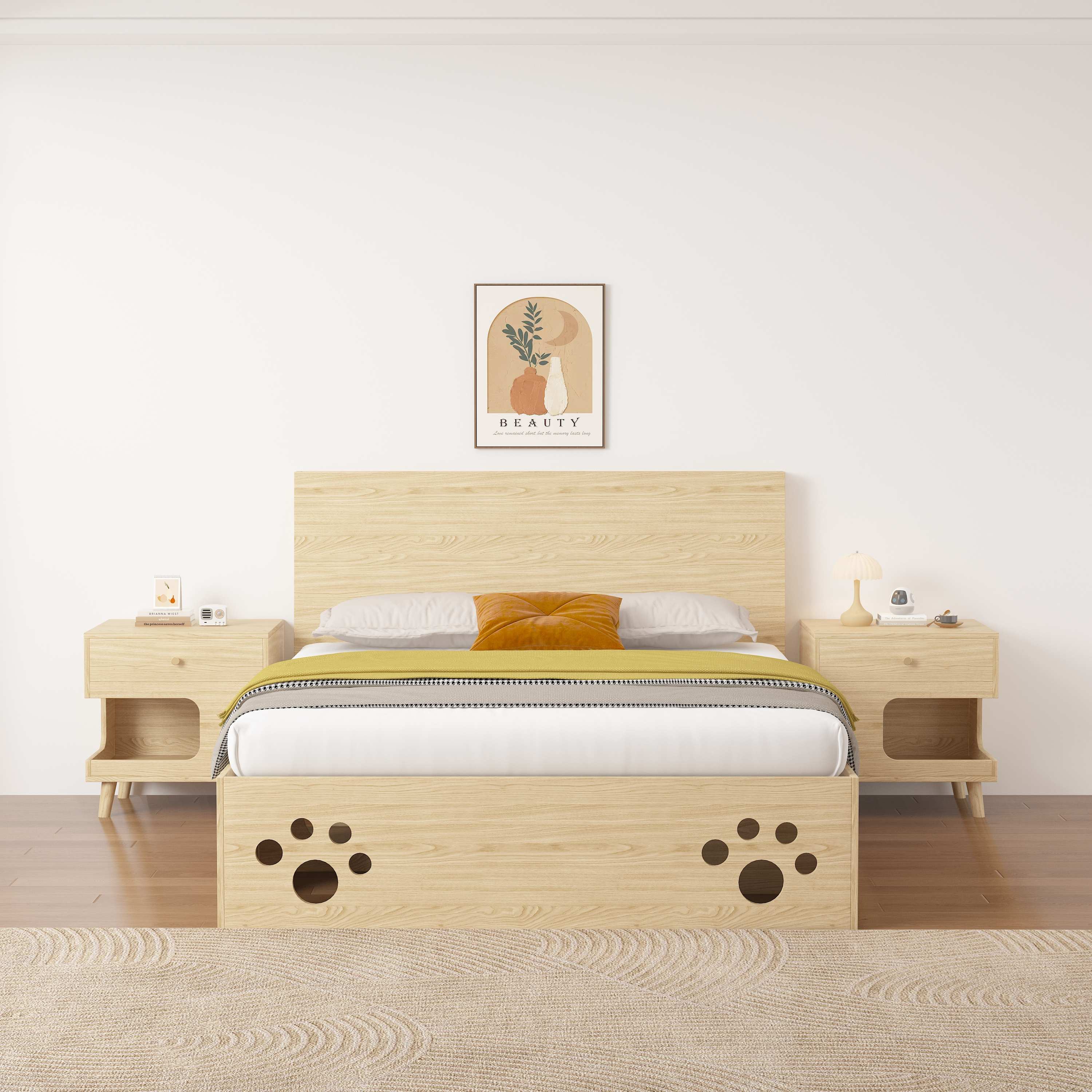Cat Paw Cutout Wooden Bed Frame | Cat-Friendly Platform Bed with Under-Bed Cat Nooks
