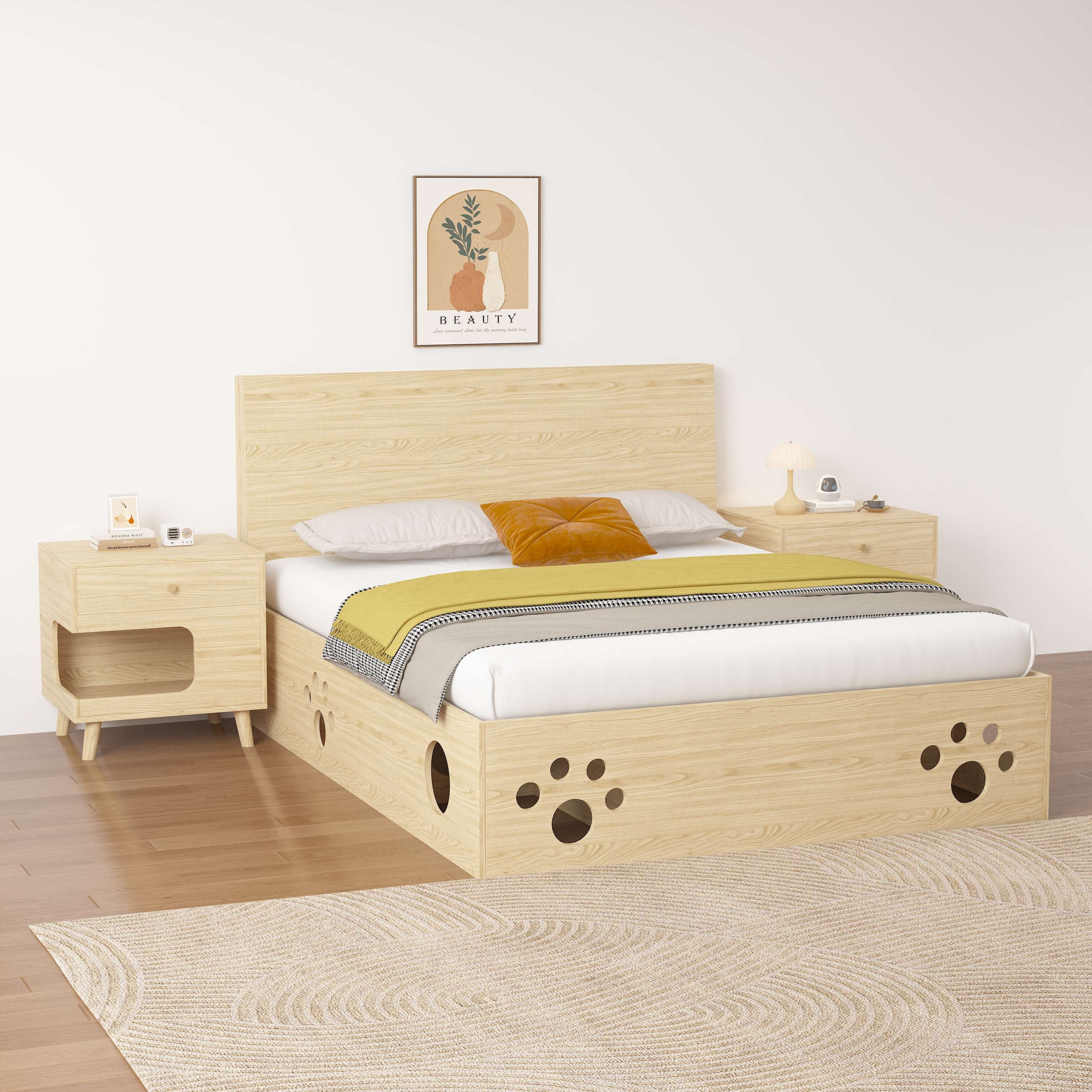 Cat Paw Cutout Wooden Bed Frame | Cat-Friendly Platform Bed with Under-Bed Cat Nooks