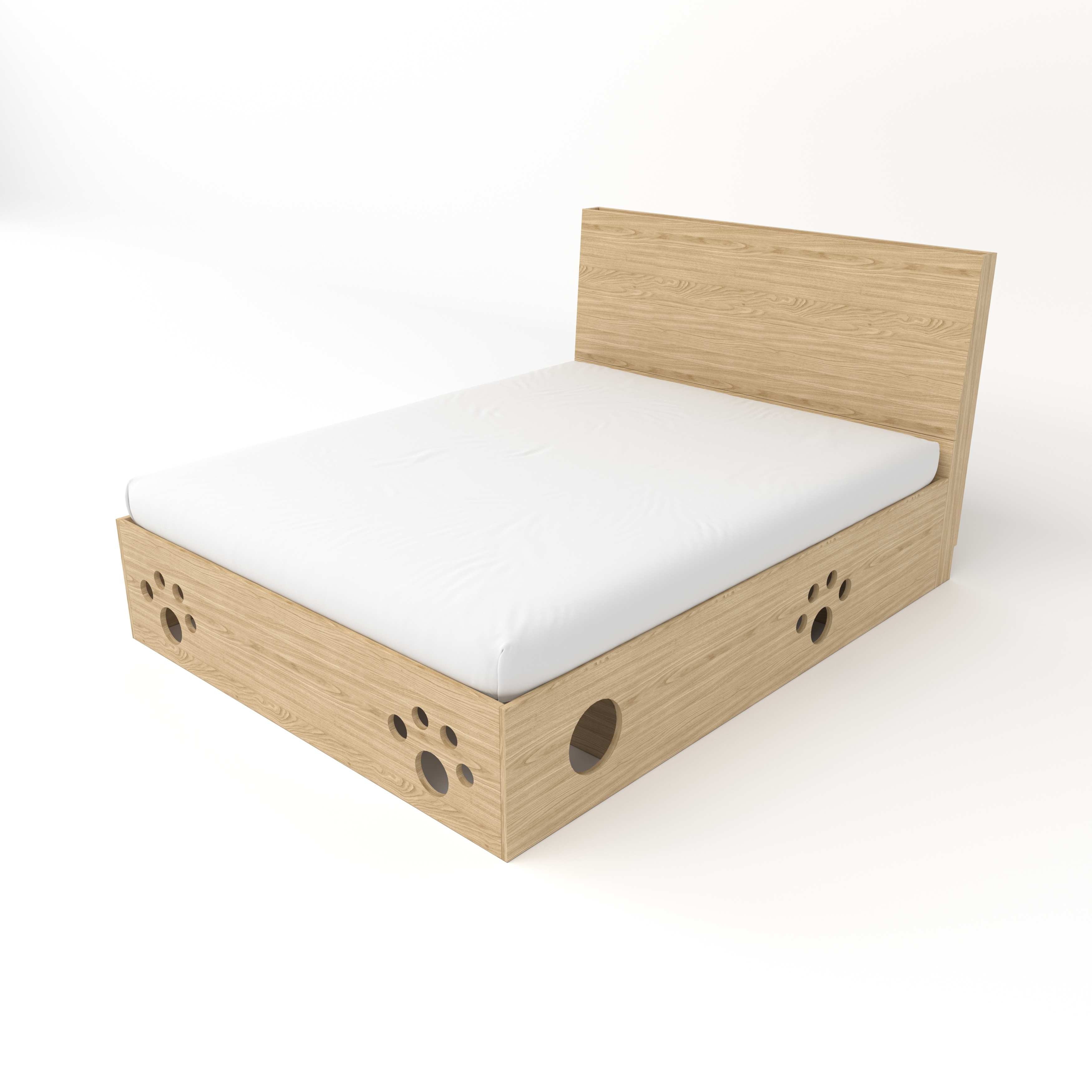 Cat Paw Cutout Wooden Bed Frame | Cat-Friendly Platform Bed with Under-Bed Cat Nooks