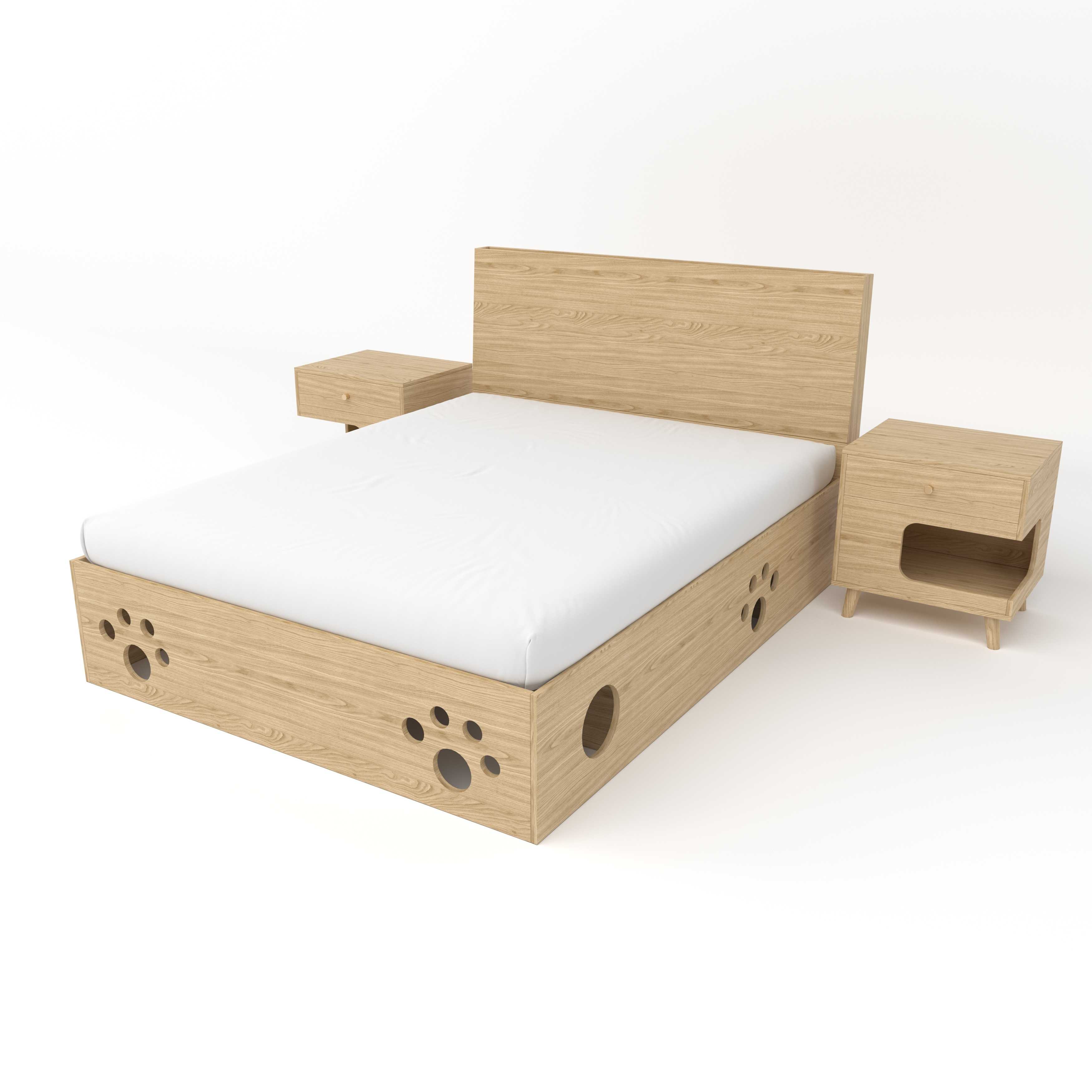 Cat Paw Cutout Wooden Bed Frame | Cat-Friendly Platform Bed with Under-Bed Cat Nooks