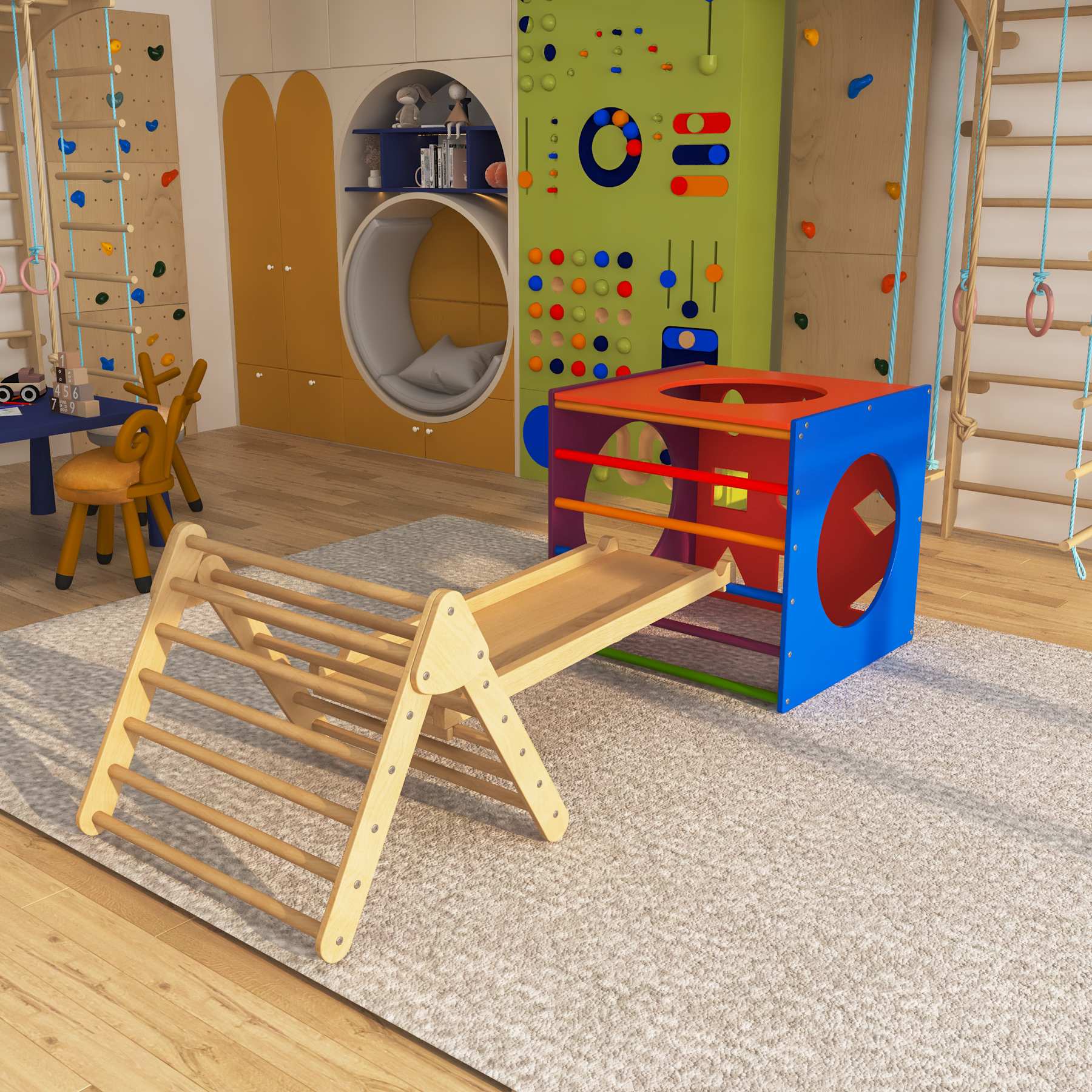 Wooden Toddler Climber Set | Indoor Montessori Play Gym with Slide & Tunnel