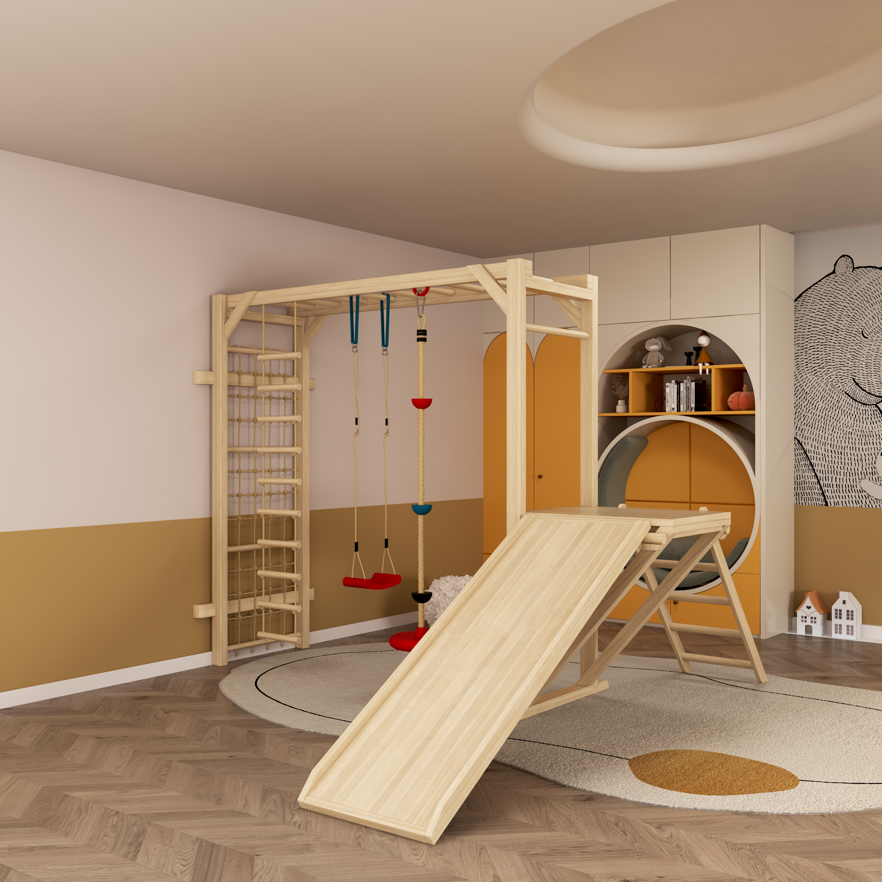 Wooden Indoor Play Gym | Montessori Toddler Climber with Swing, Ladder & Slide