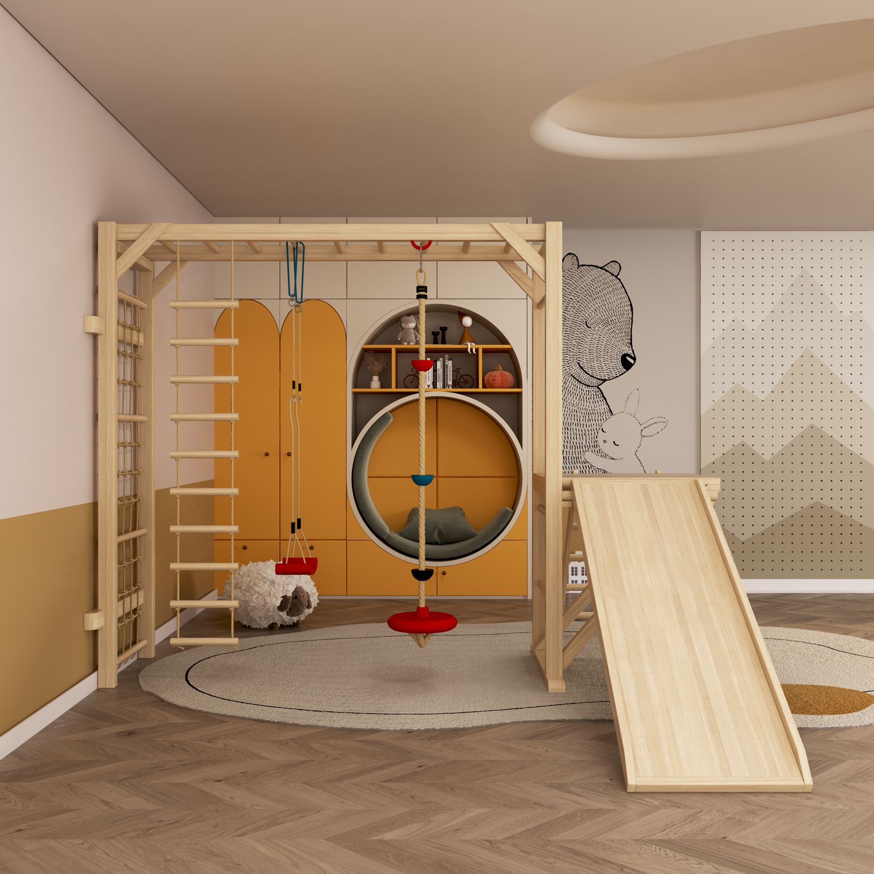 Wooden Indoor Play Gym | Montessori Toddler Climber with Swing, Ladder & Slide