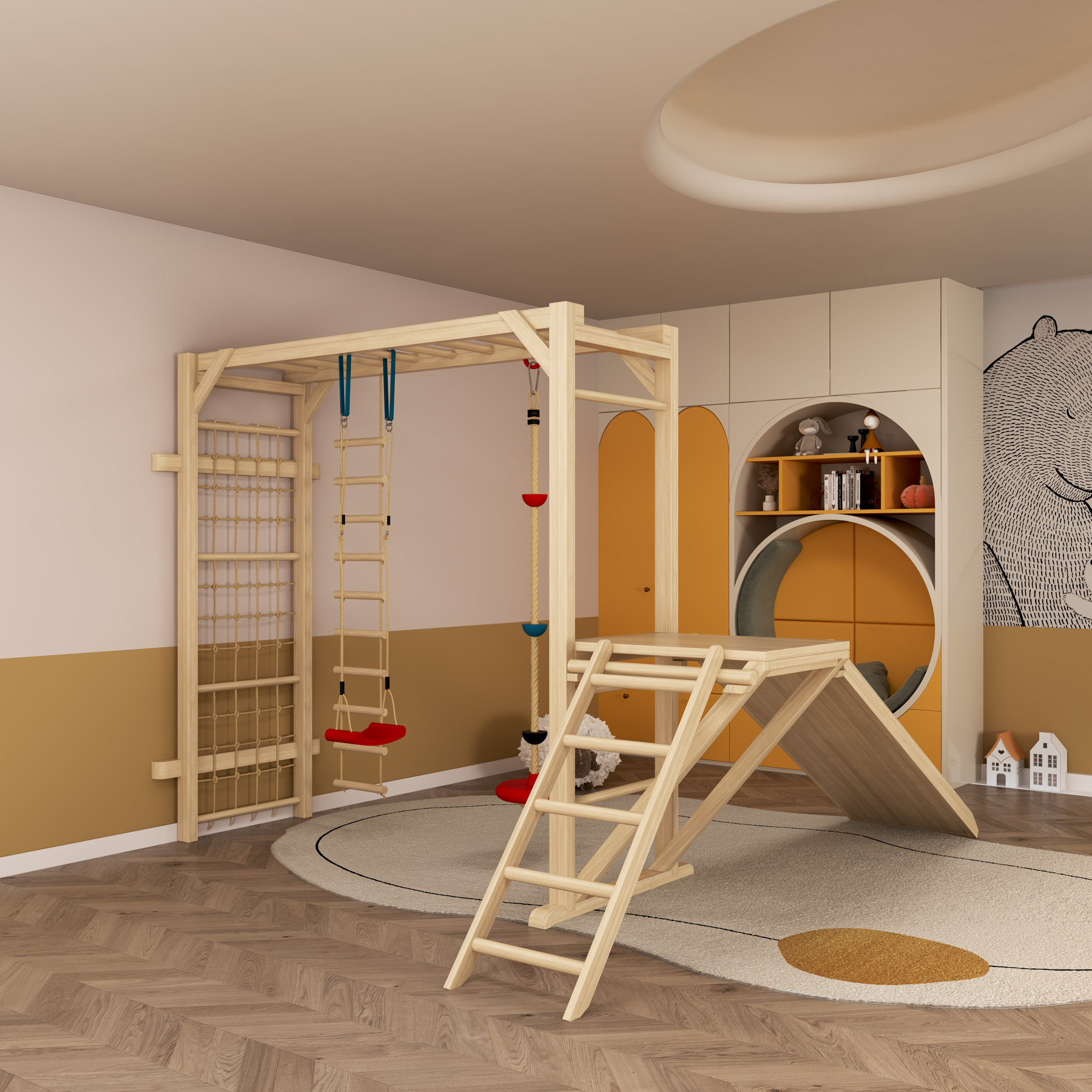 Wooden Indoor Play Gym | Montessori Toddler Climber with Swing, Ladder & Slide