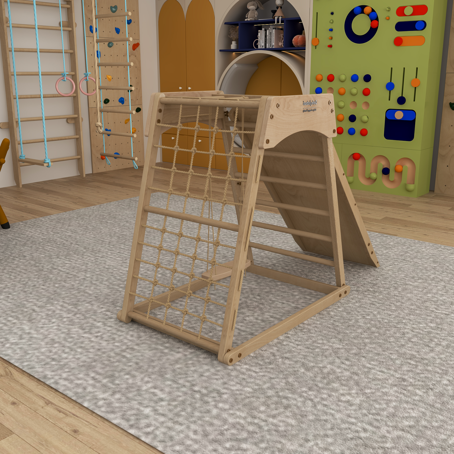 Foldable Pikler Triangle Climber | Wooden Toddler Play Gym with Slide & Climbing Net