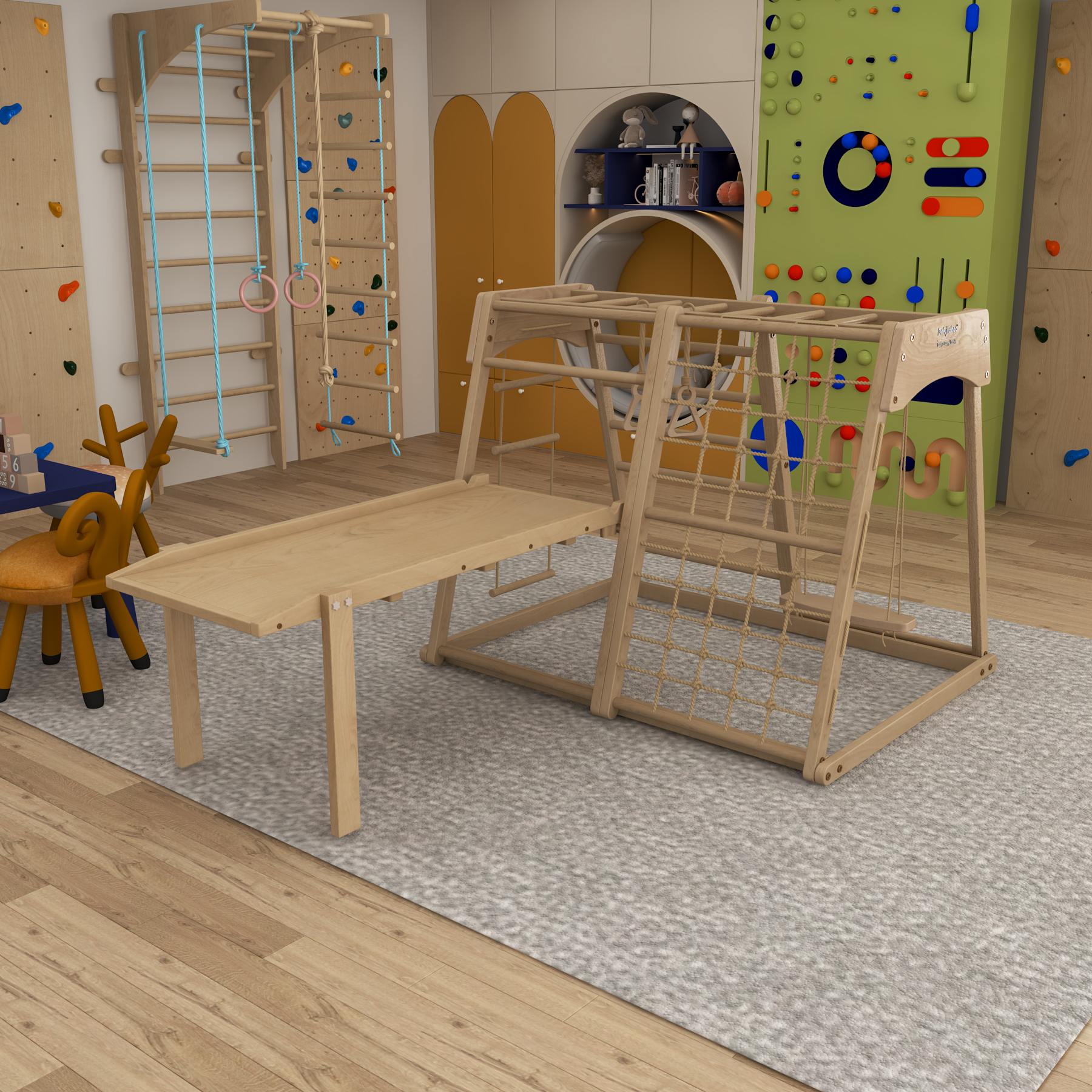 Foldable Pikler Triangle Climber | Wooden Toddler Play Gym with Slide & Climbing Net