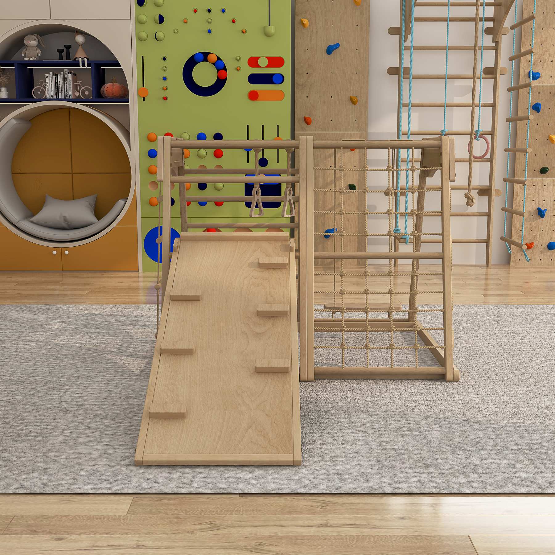 Foldable Pikler Triangle Climber | Wooden Toddler Play Gym with Slide & Climbing Net