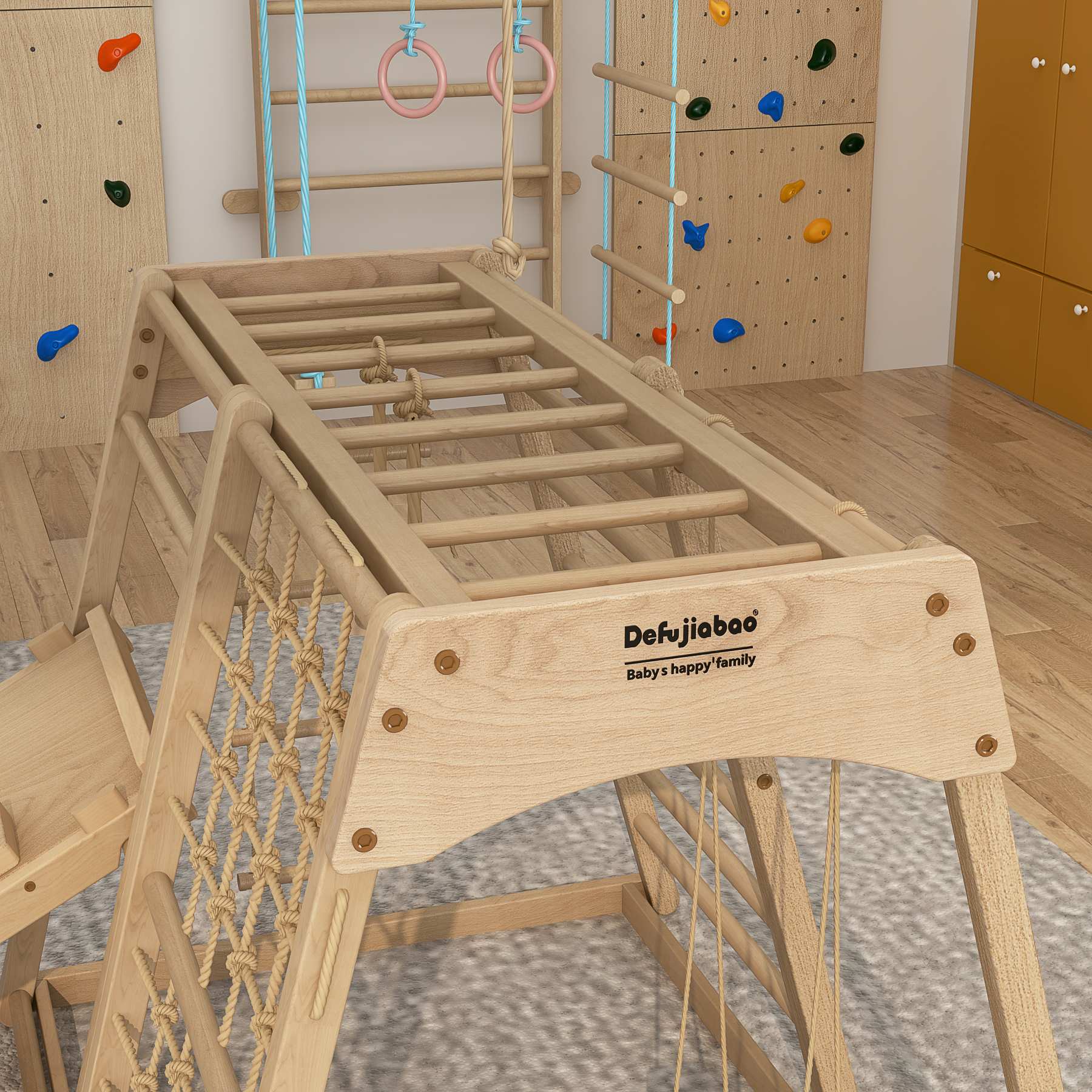 Foldable Pikler Triangle Climber | Wooden Toddler Play Gym with Slide & Climbing Net