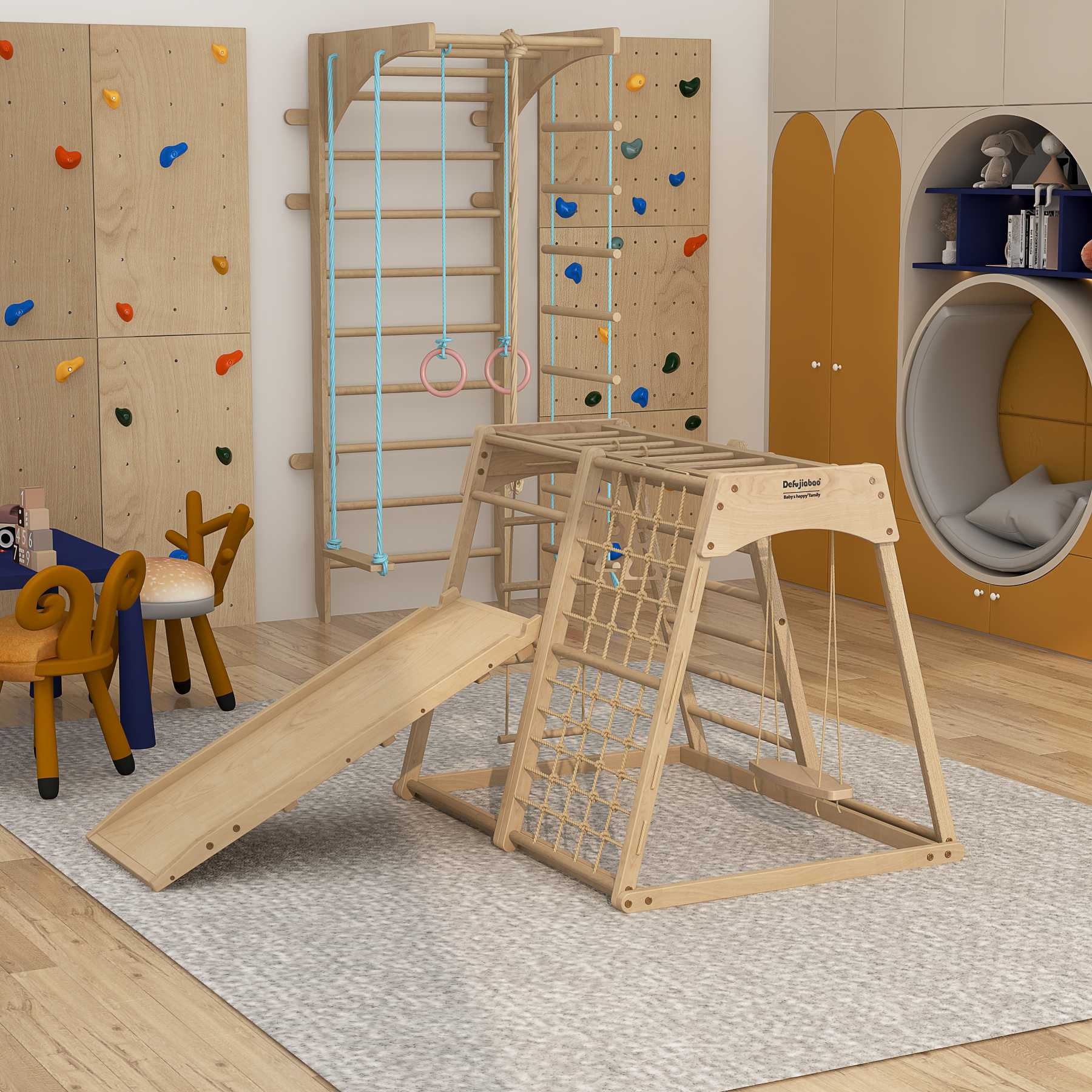 Foldable Pikler Triangle Climber | Wooden Toddler Play Gym with Slide & Climbing Net