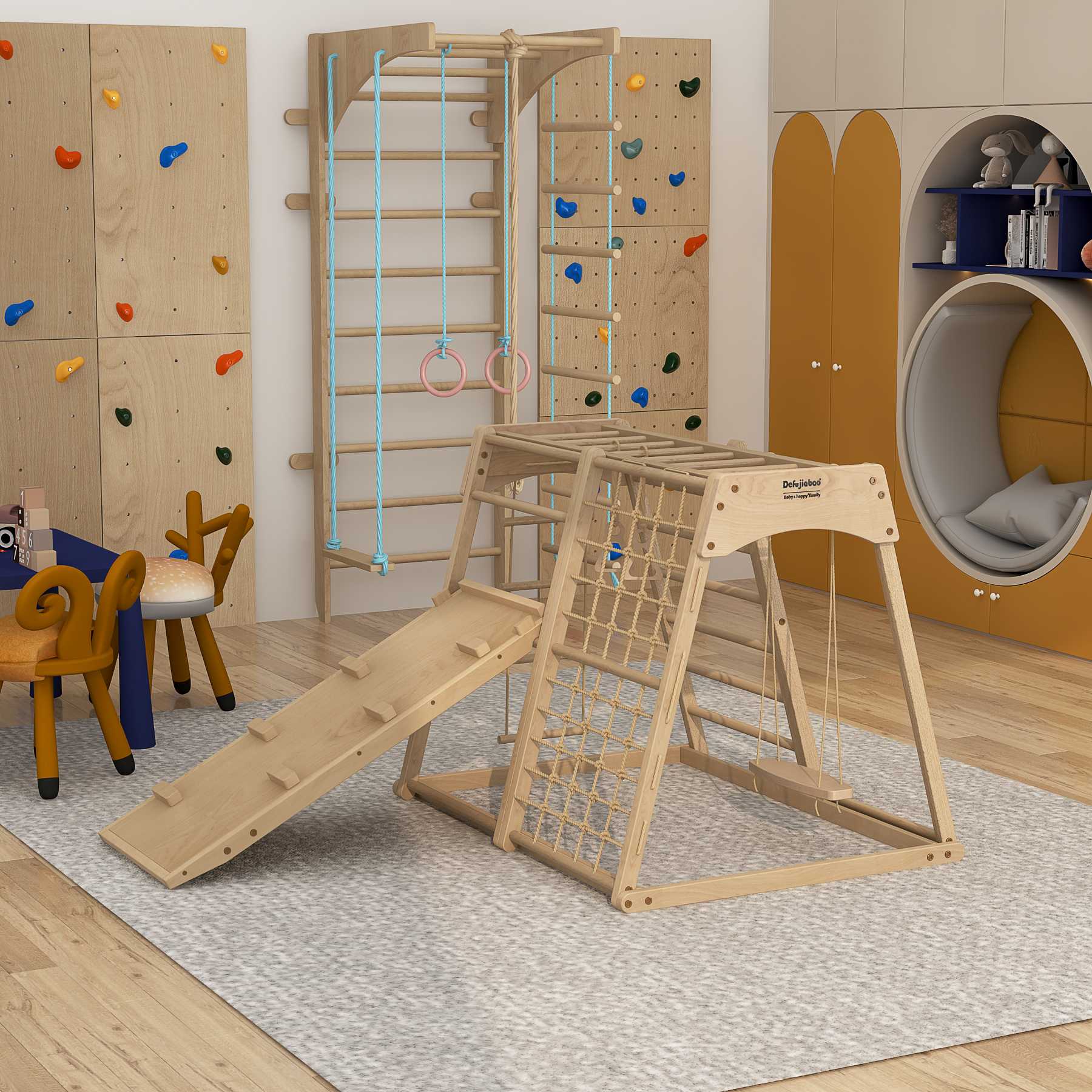 Foldable Pikler Triangle Climber | Wooden Toddler Play Gym with Slide & Climbing Net