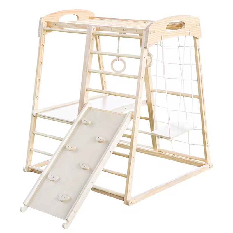 Foldable Pikler Triangle Climber | Wooden Toddler Play Gym with Slide & Climbing Net