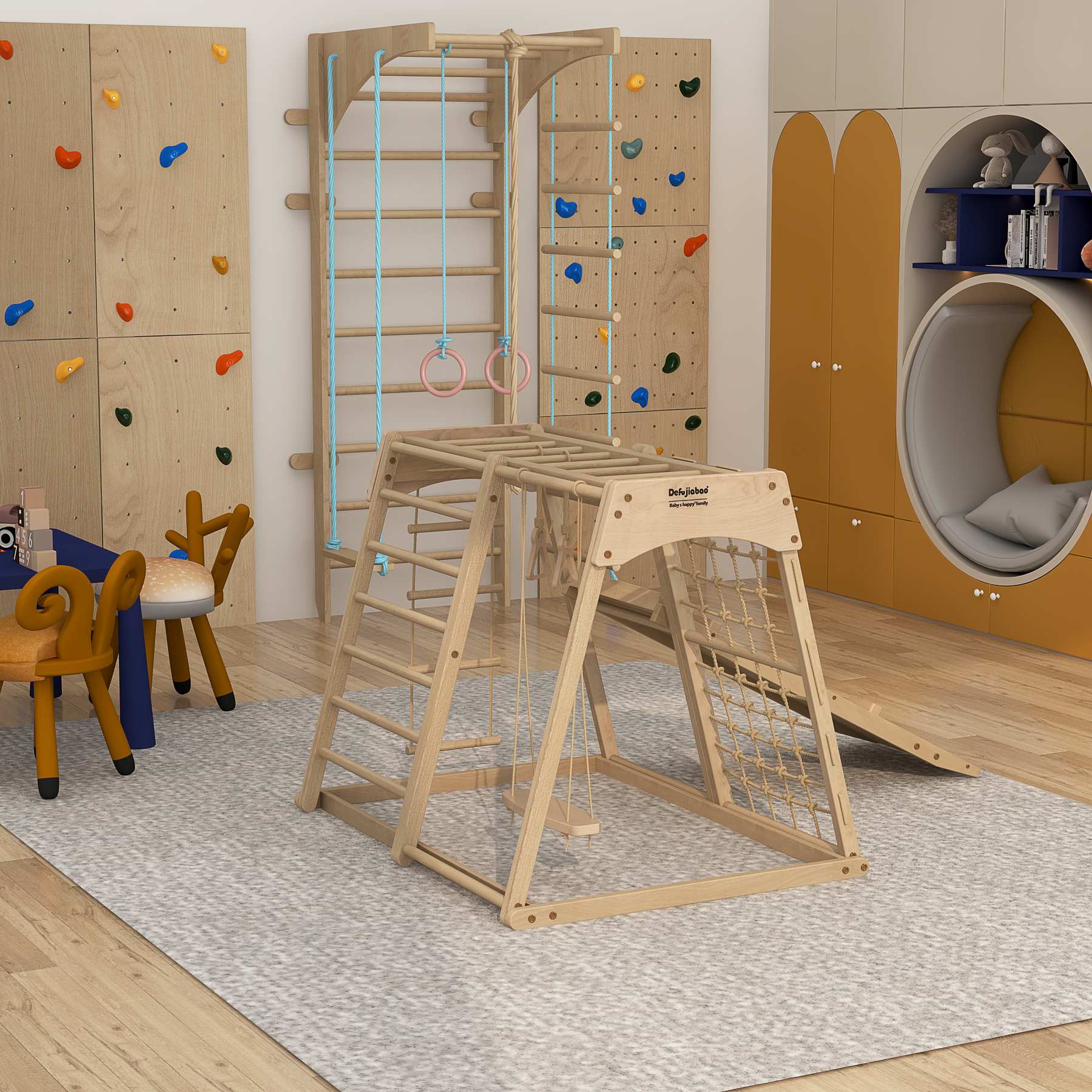 Foldable Pikler Triangle Climber | Wooden Toddler Play Gym with Slide & Climbing Net