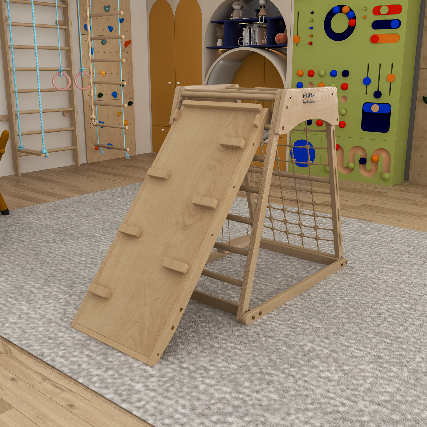 Foldable Pikler Triangle Climber | Wooden Toddler Play Gym with Slide & Climbing Net