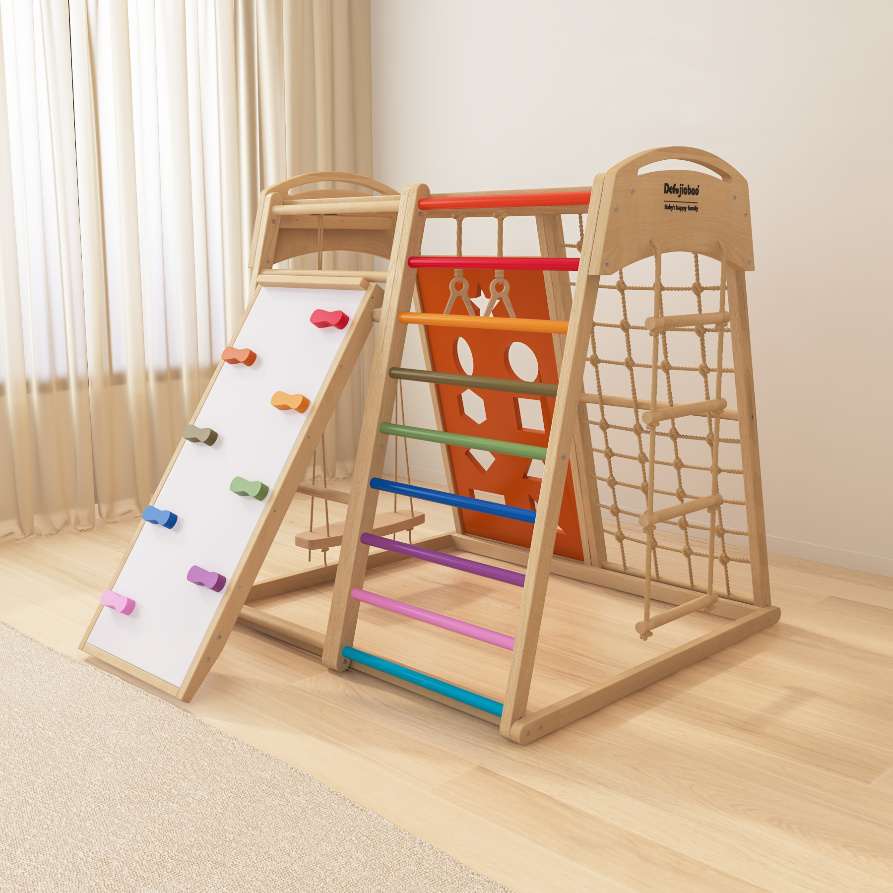 Multi-Functional Wooden Pikler Climber | Montessori Indoor Play Gym with Slide & Rock Wall
