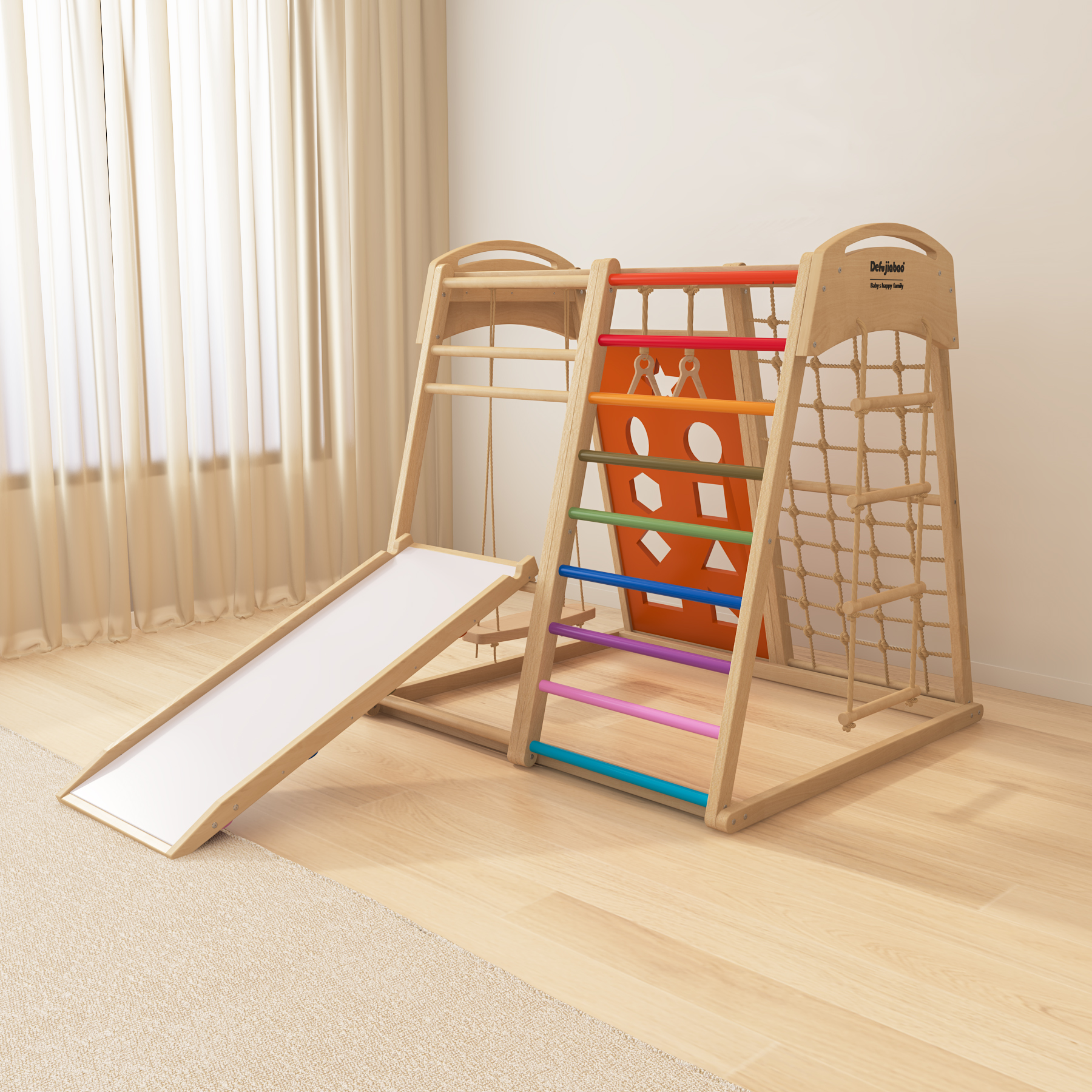 Multi-Functional Wooden Pikler Climber | Montessori Indoor Play Gym with Slide & Rock Wall