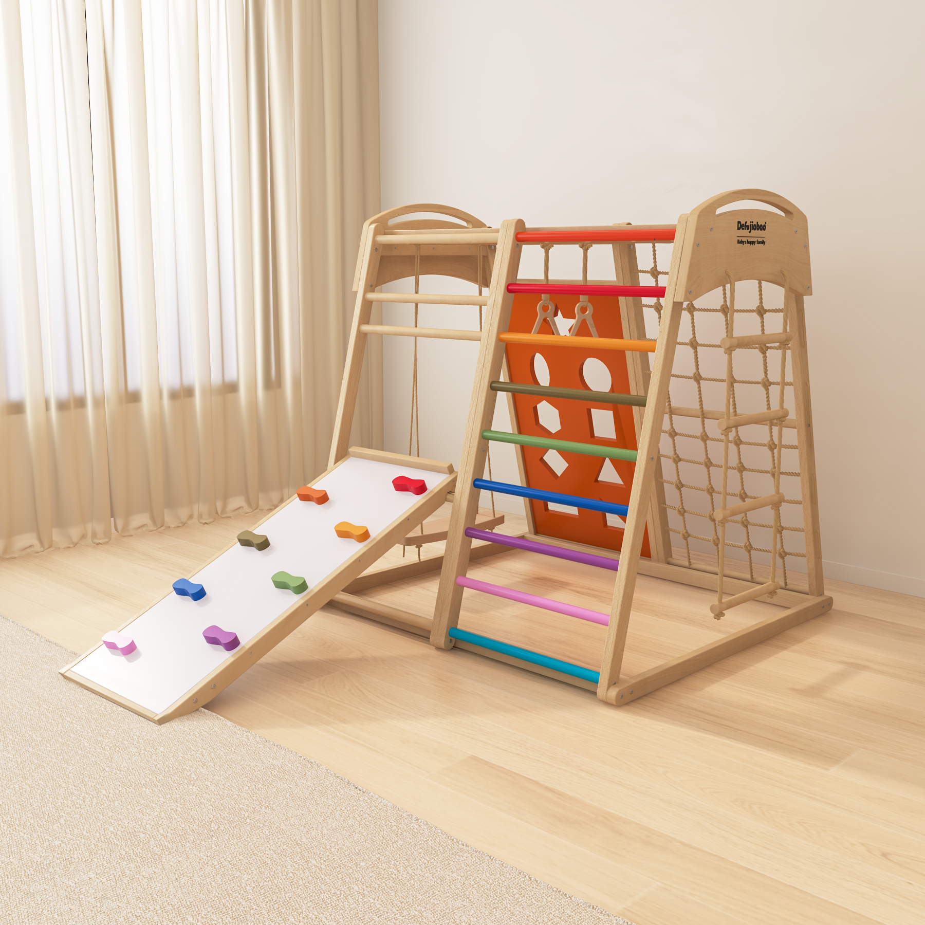 Multi-Functional Wooden Pikler Climber | Montessori Indoor Play Gym with Slide & Rock Wall