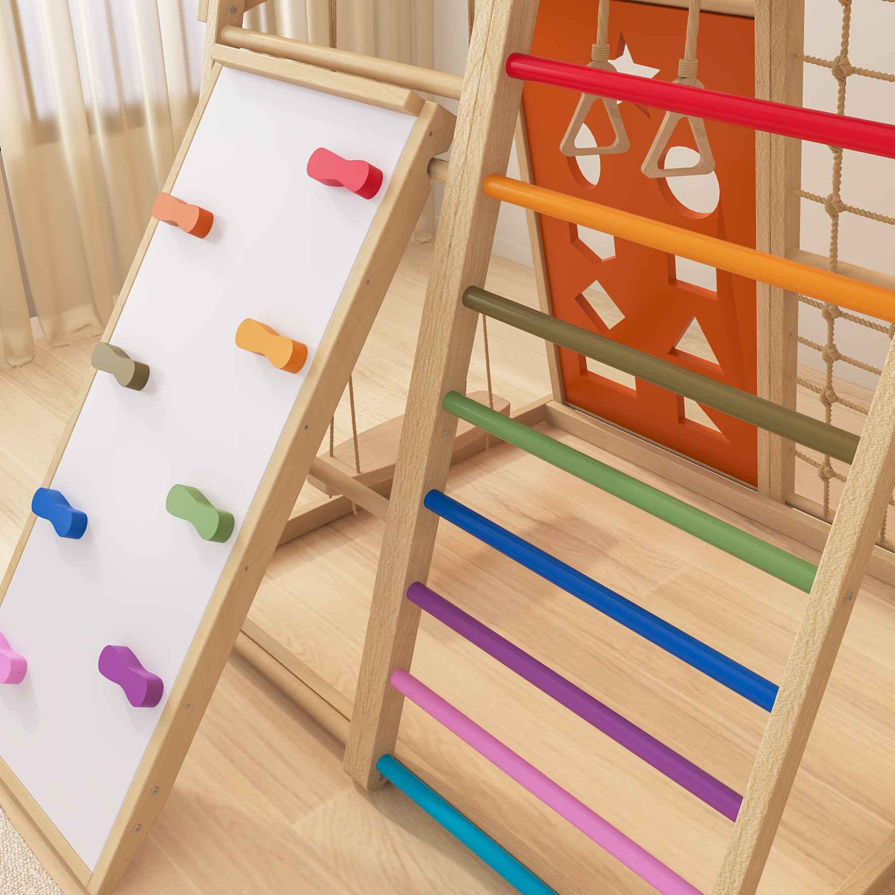Multi-Functional Wooden Pikler Climber | Montessori Indoor Play Gym with Slide & Rock Wall