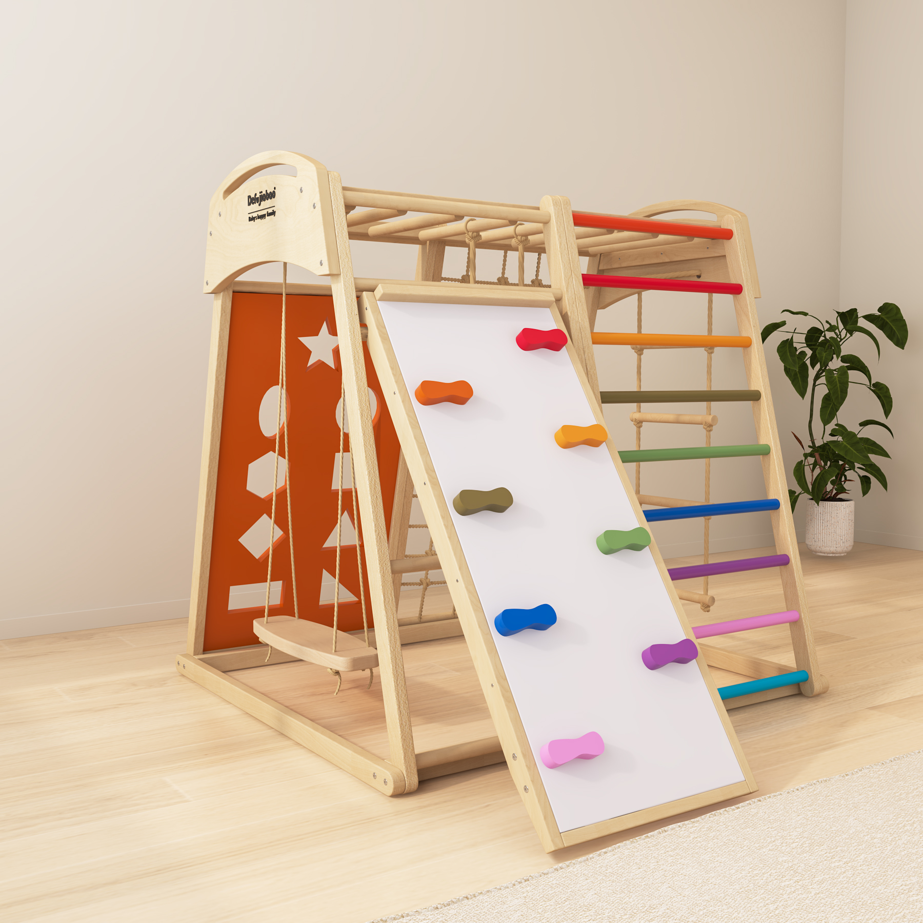 Multi-Functional Wooden Pikler Climber | Montessori Indoor Play Gym with Slide & Rock Wall