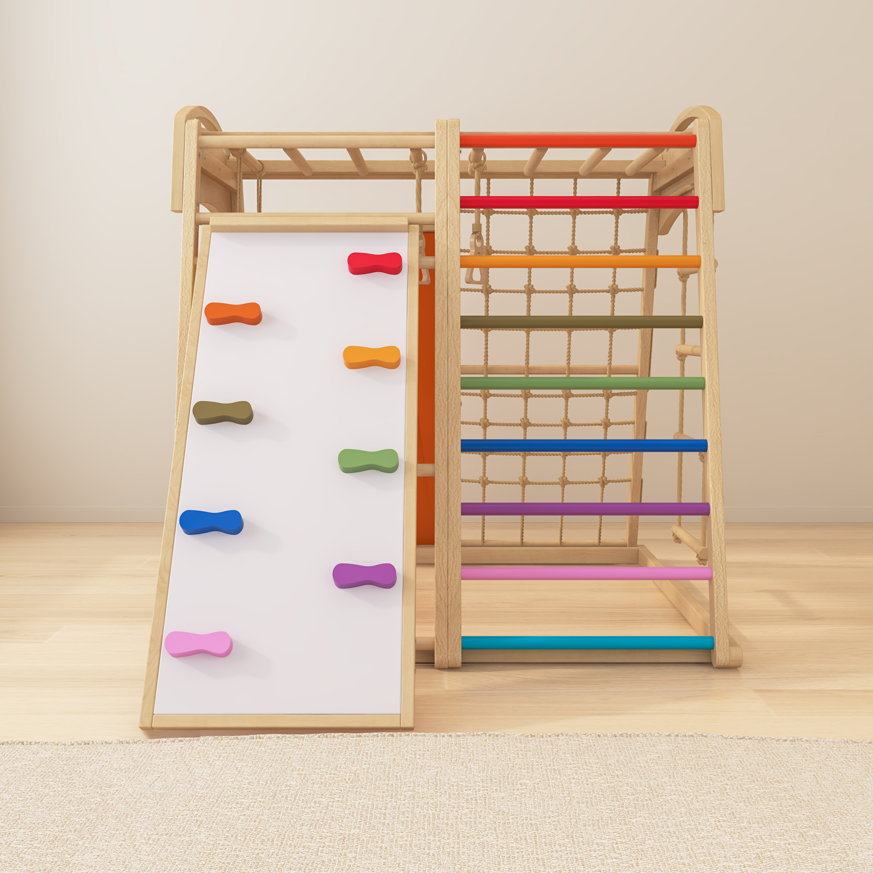 Multi-Functional Wooden Pikler Climber | Montessori Indoor Play Gym with Slide & Rock Wall