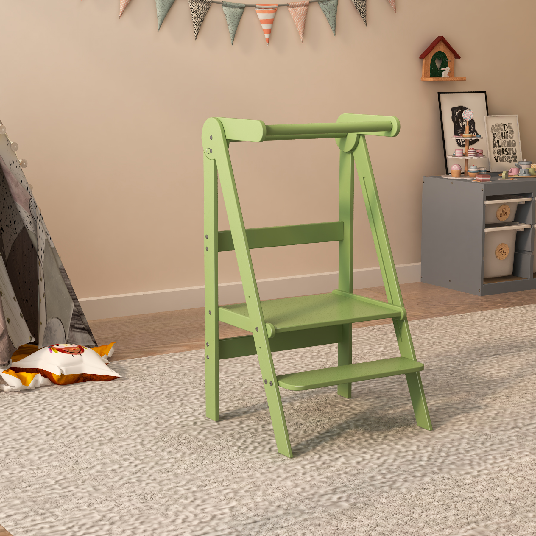 Foldable Wooden Toddler Learning Tower | Adjustable Kitchen Helper Step Stool