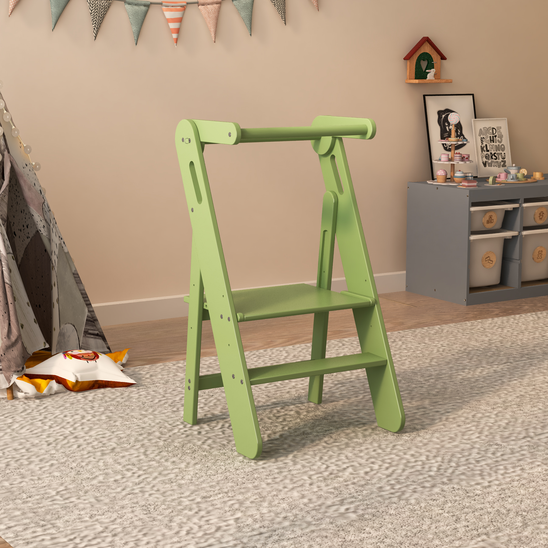 Foldable Wooden Toddler Learning Tower | Adjustable Kitchen Helper Step Stool