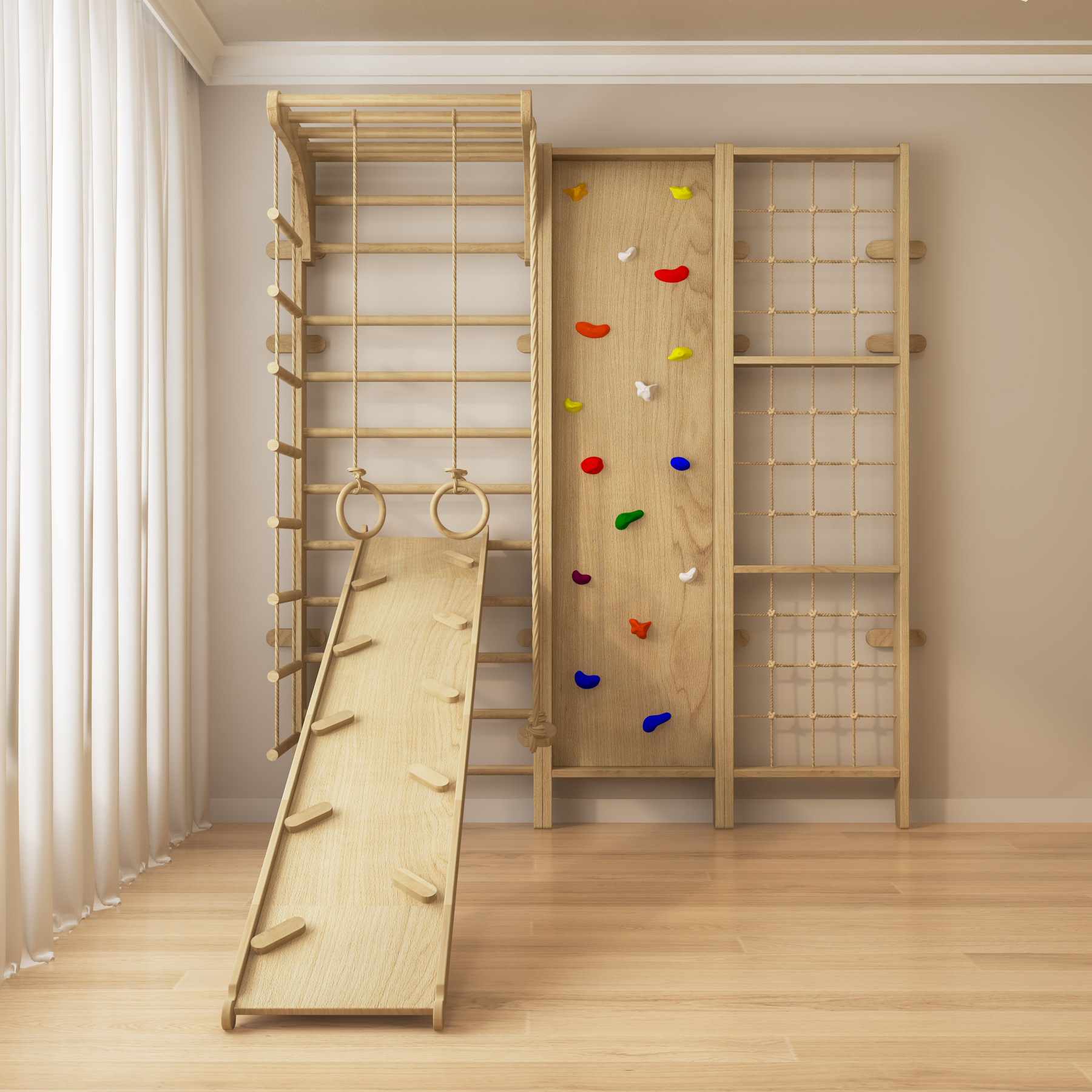 Indoor Wooden Climbing Wall Gym | Montessori Kids Play Set with Slide & Rope Ladder