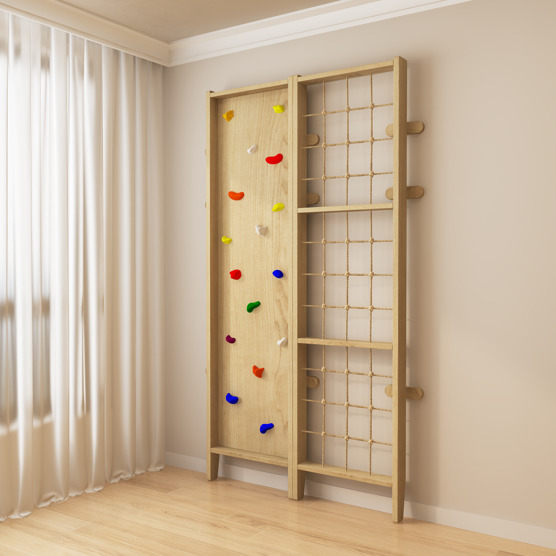 Indoor Wooden Climbing Wall Gym | Montessori Kids Play Set with Slide & Rope Ladder